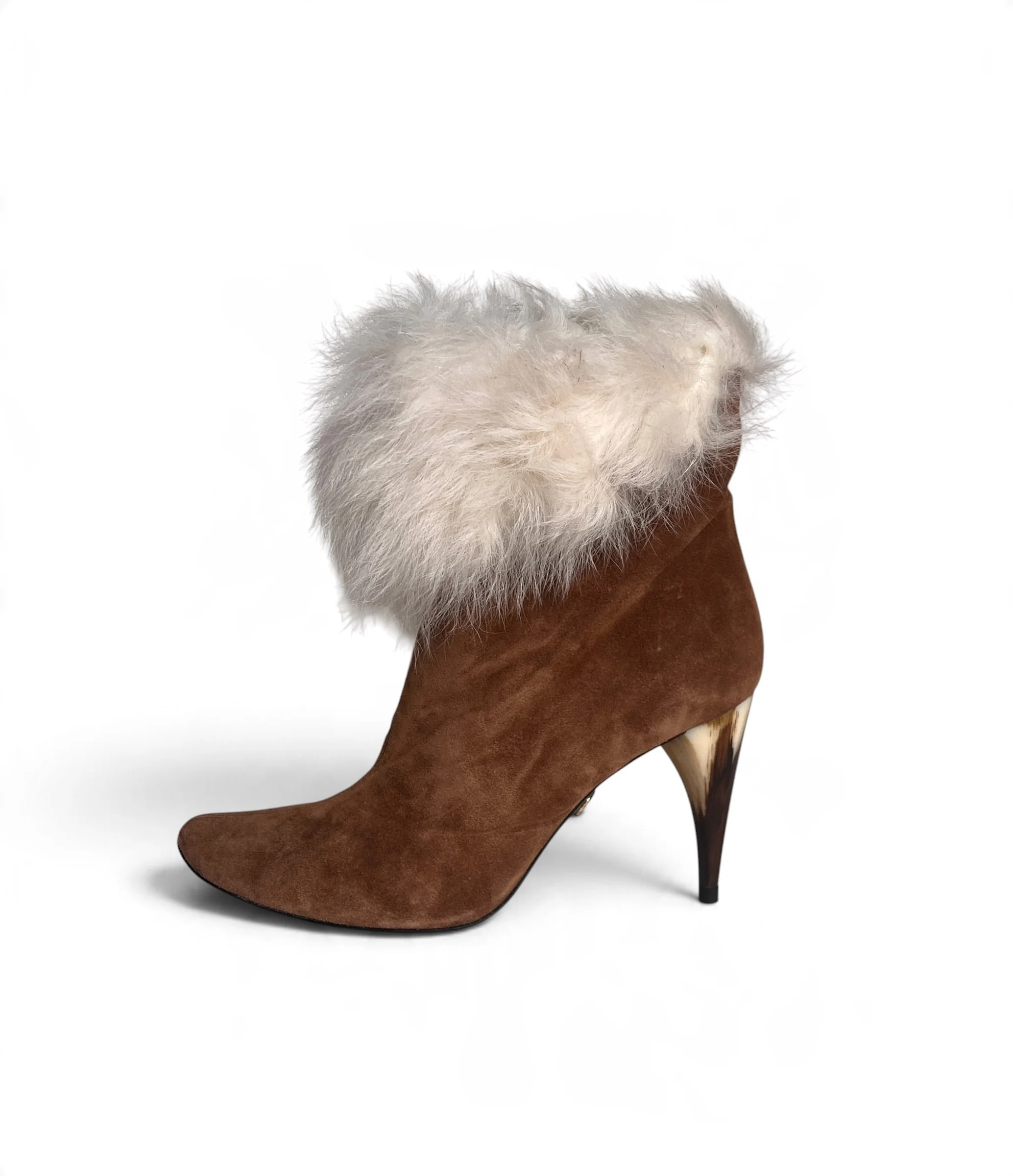 Charles Jourdan Camel Suede & White Fur Ankle Boots