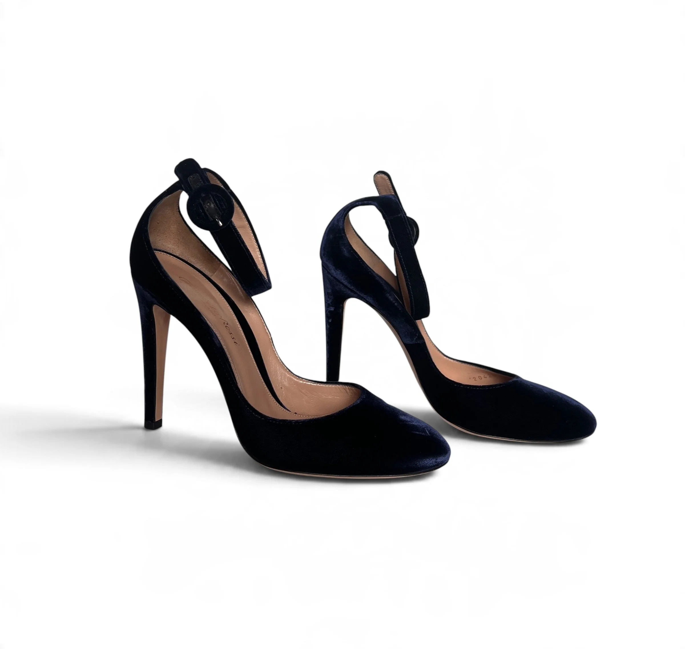 Gianvito Rossi Navy Velvet Ankle Strap Pumps