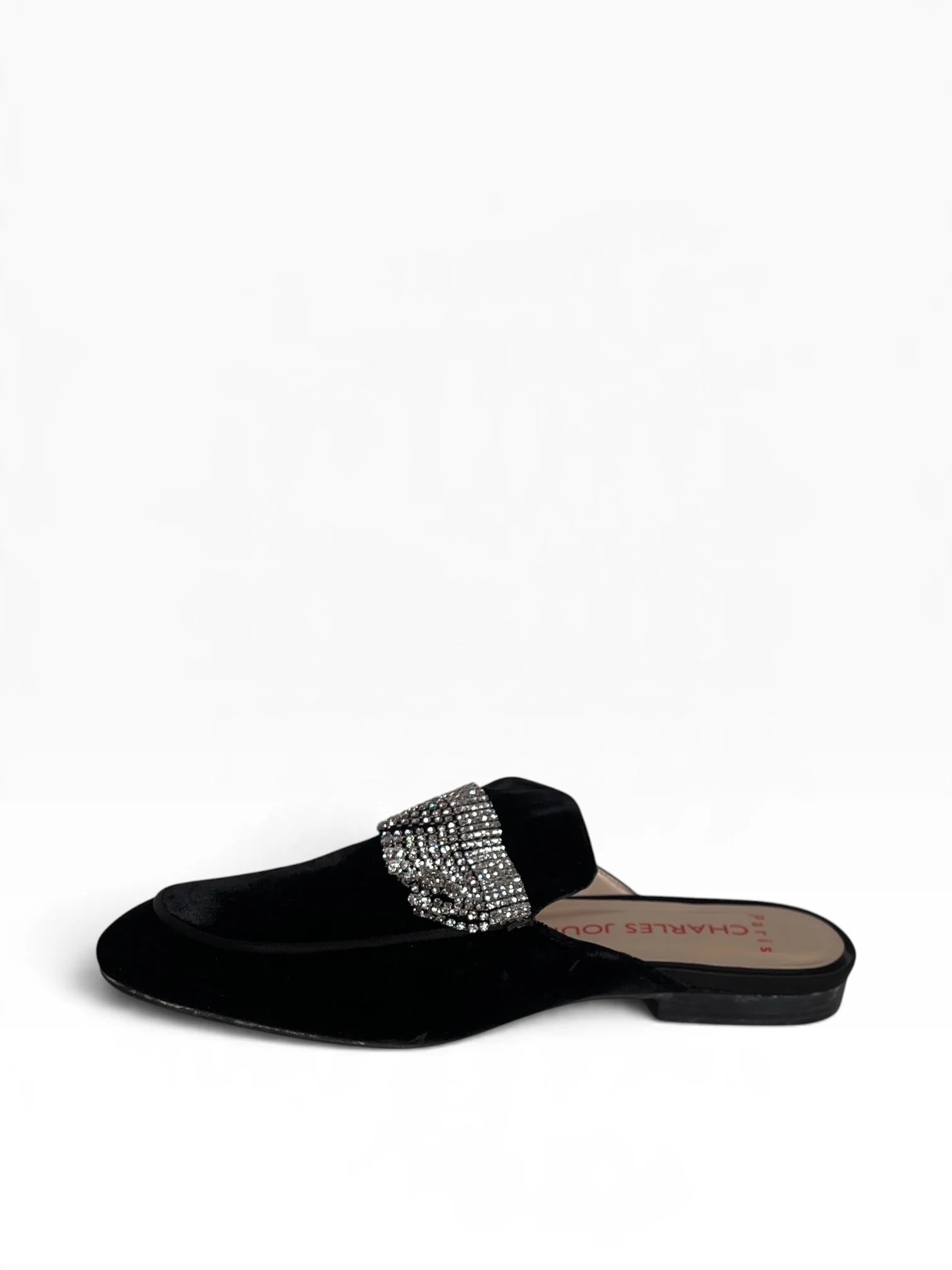 Charles Jourdan Black Velvet Mule Flats with Fringe Strass
