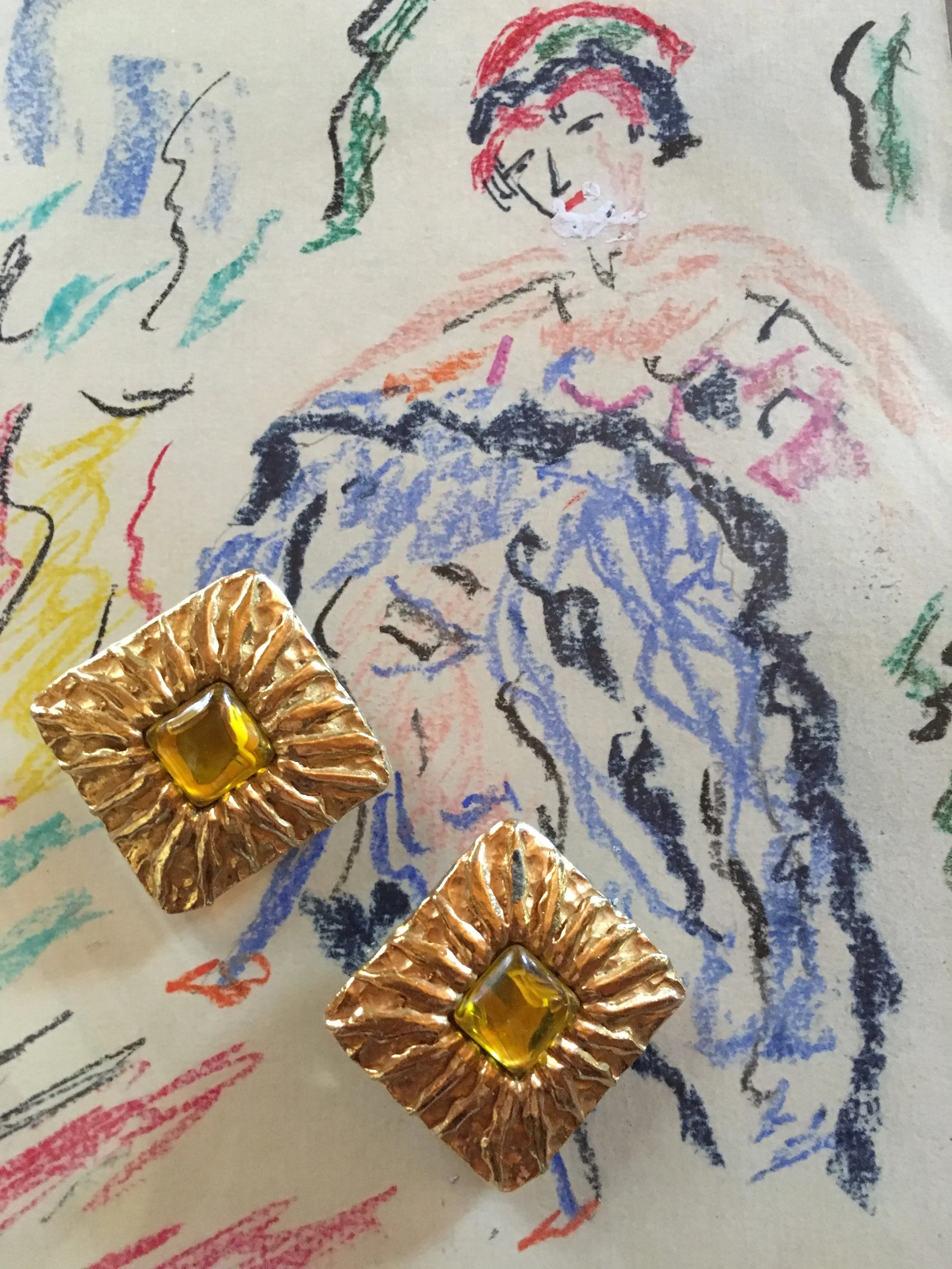 Jean Patou vintage square clip-on earrings with yellow stone