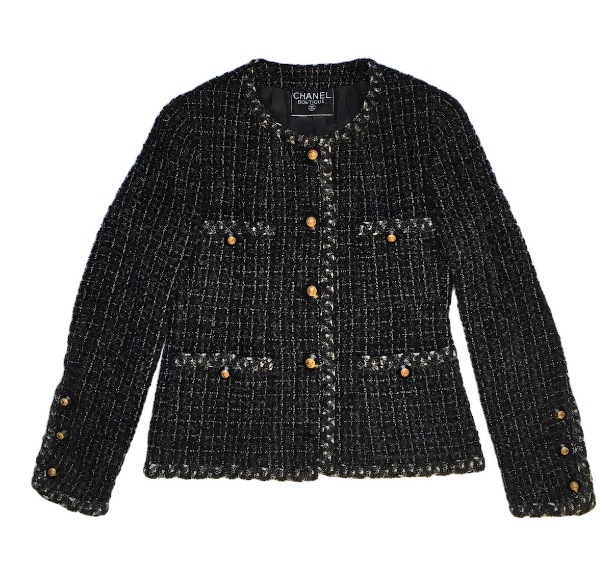 Chanel Tweed Classic Jacket Black & Cream w Gold Thread France 38 US  2-4