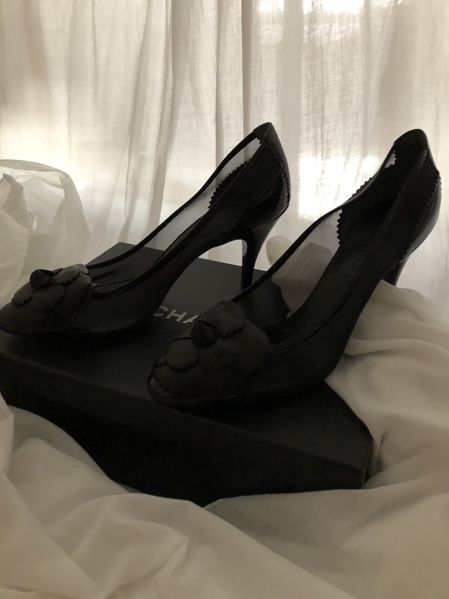 Chanel Black Leather Sandal Heels with Camellia Detail 35.5 at 1stDibs