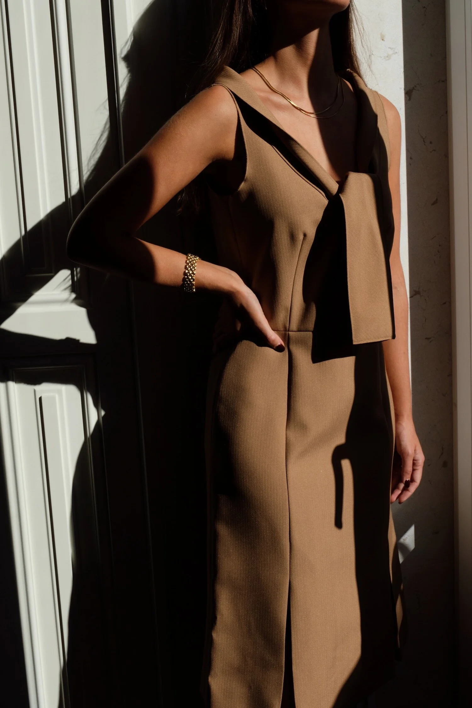 miu miu brown dress Miu Miu Halter Mini Dress in Cacao & Avorio