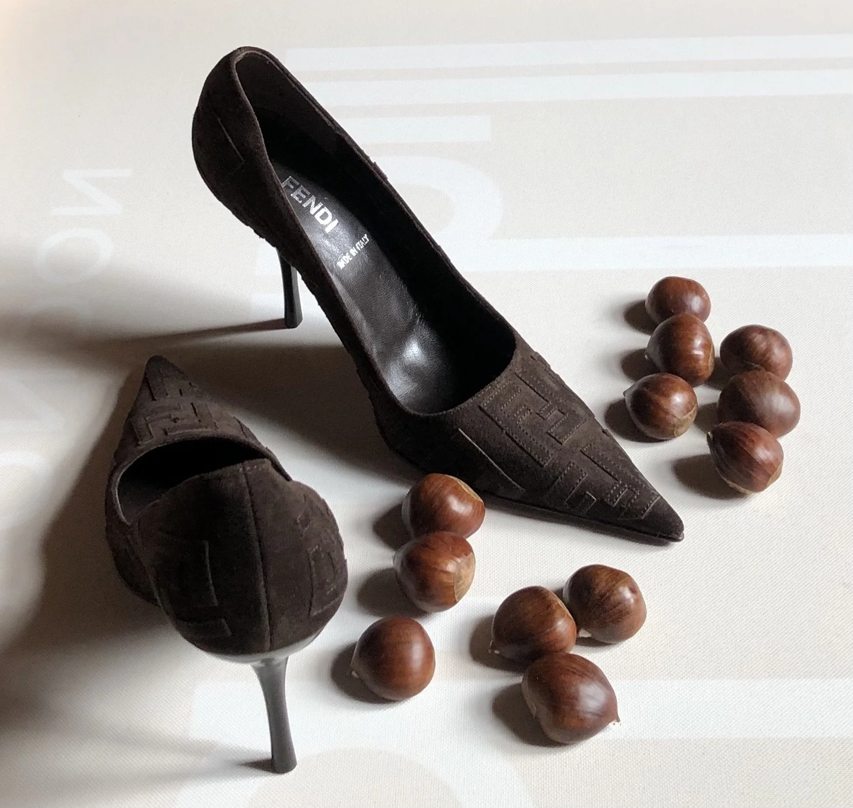 Fendi Logo Suede Heels