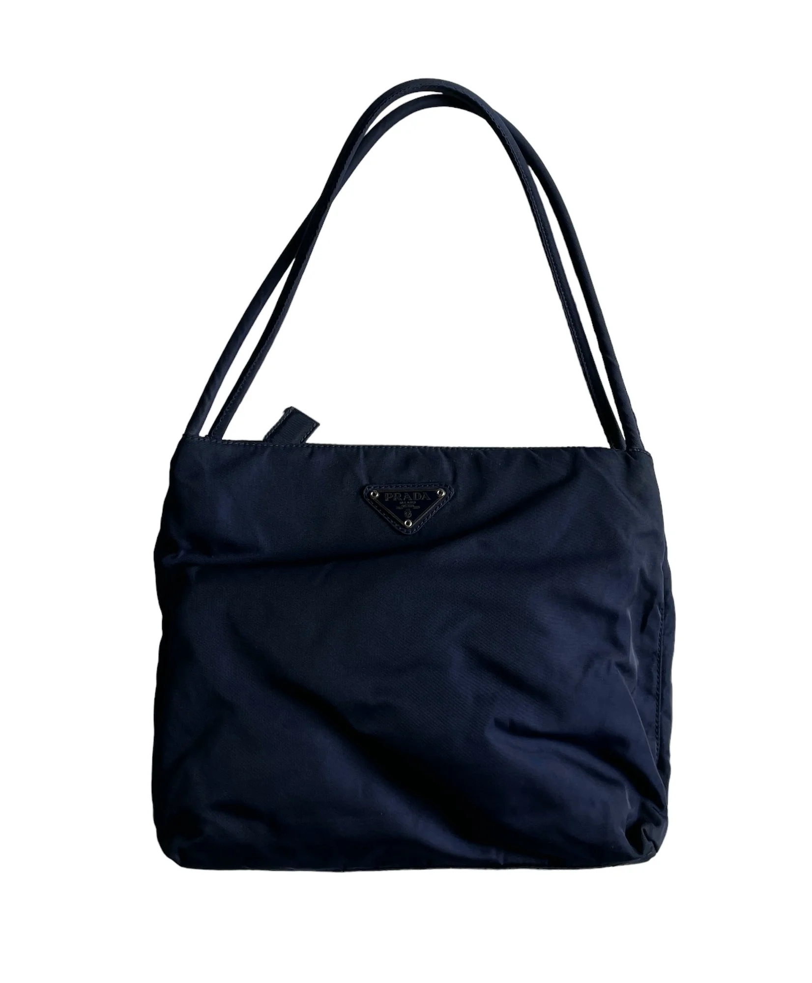 Prada Navy Nylon Handbag with front metallic logo — Mia Luxury Vintage