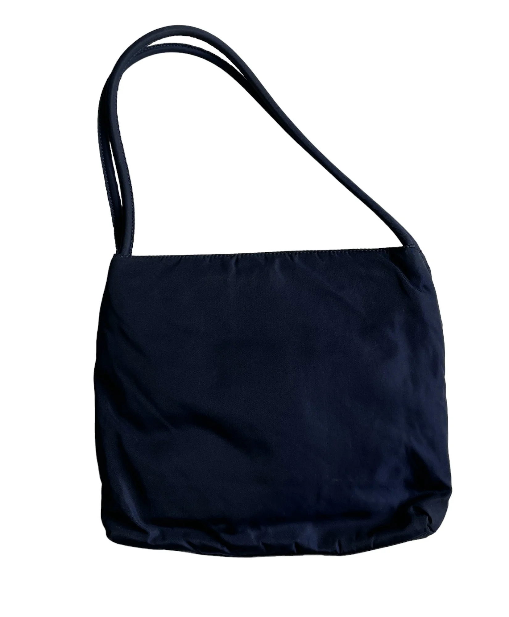 Prada Navy Nylon Handbag with front metallic logo — Mia Luxury Vintage