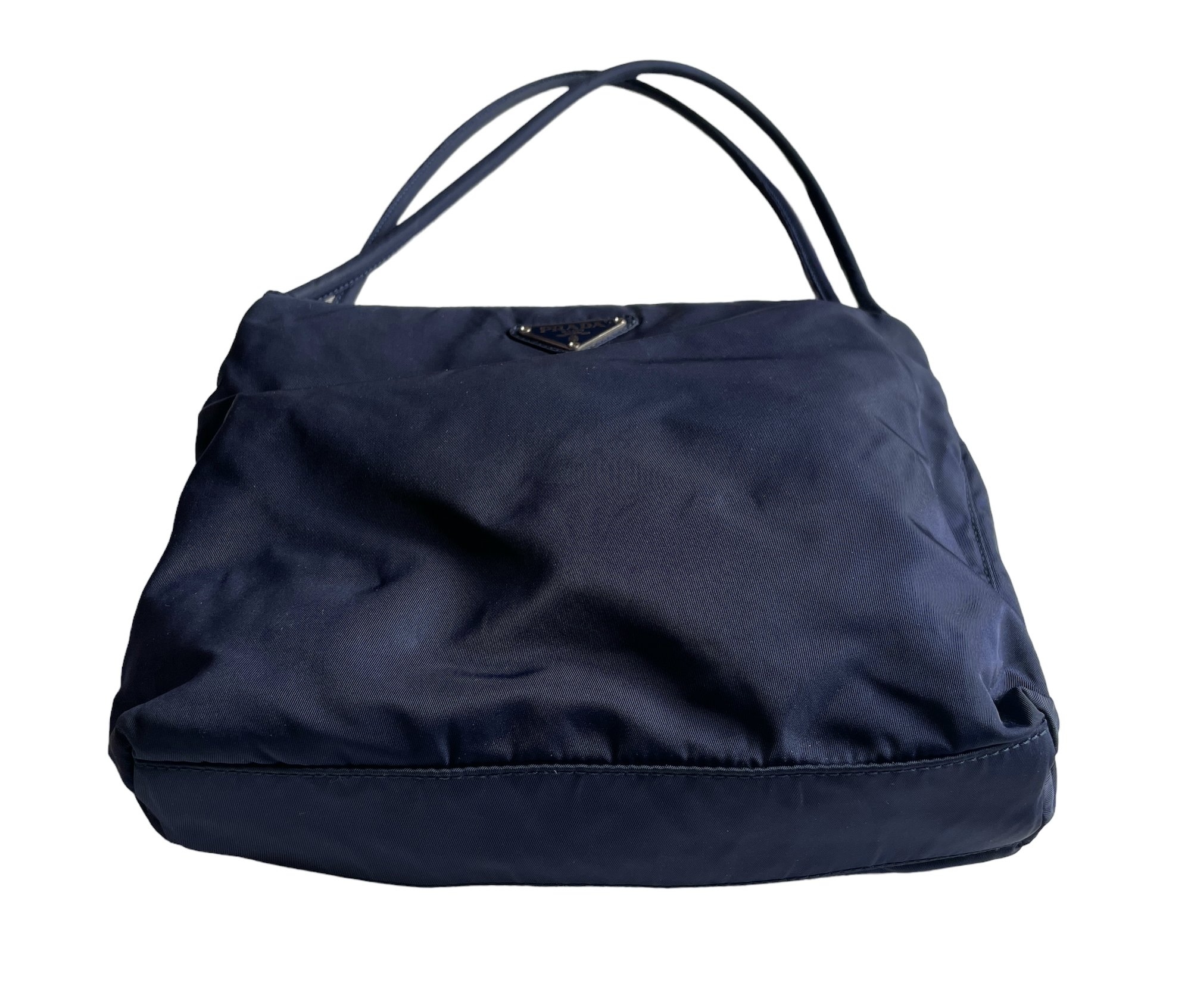Prada Navy Nylon Handbag with front metallic logo — Mia Luxury Vintage