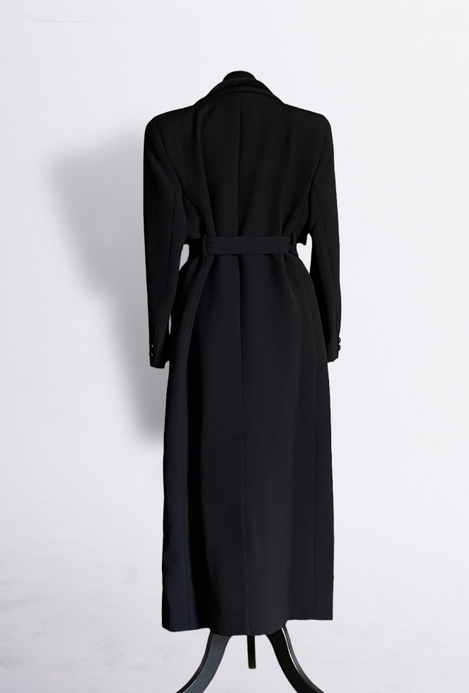 Valentino Miss V Vintage Belted Black Wool Coat with Velvet Collar 