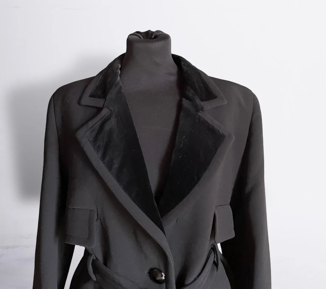 Valentino Miss V Vintage Belted Black Wool Coat with Velvet Collar 