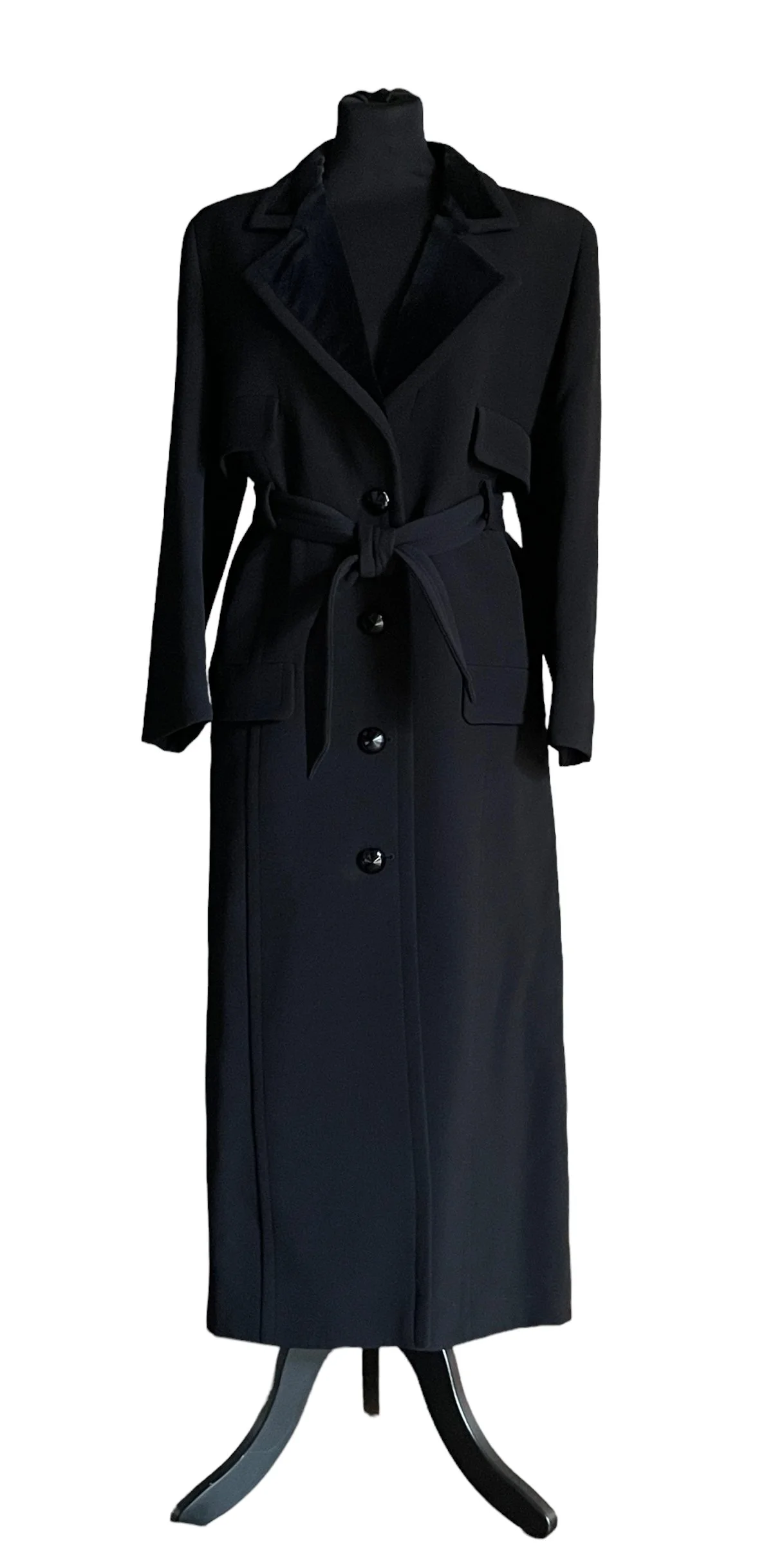 Valentino Miss V Vintage Belted Black Wool Coat with Velvet Collar