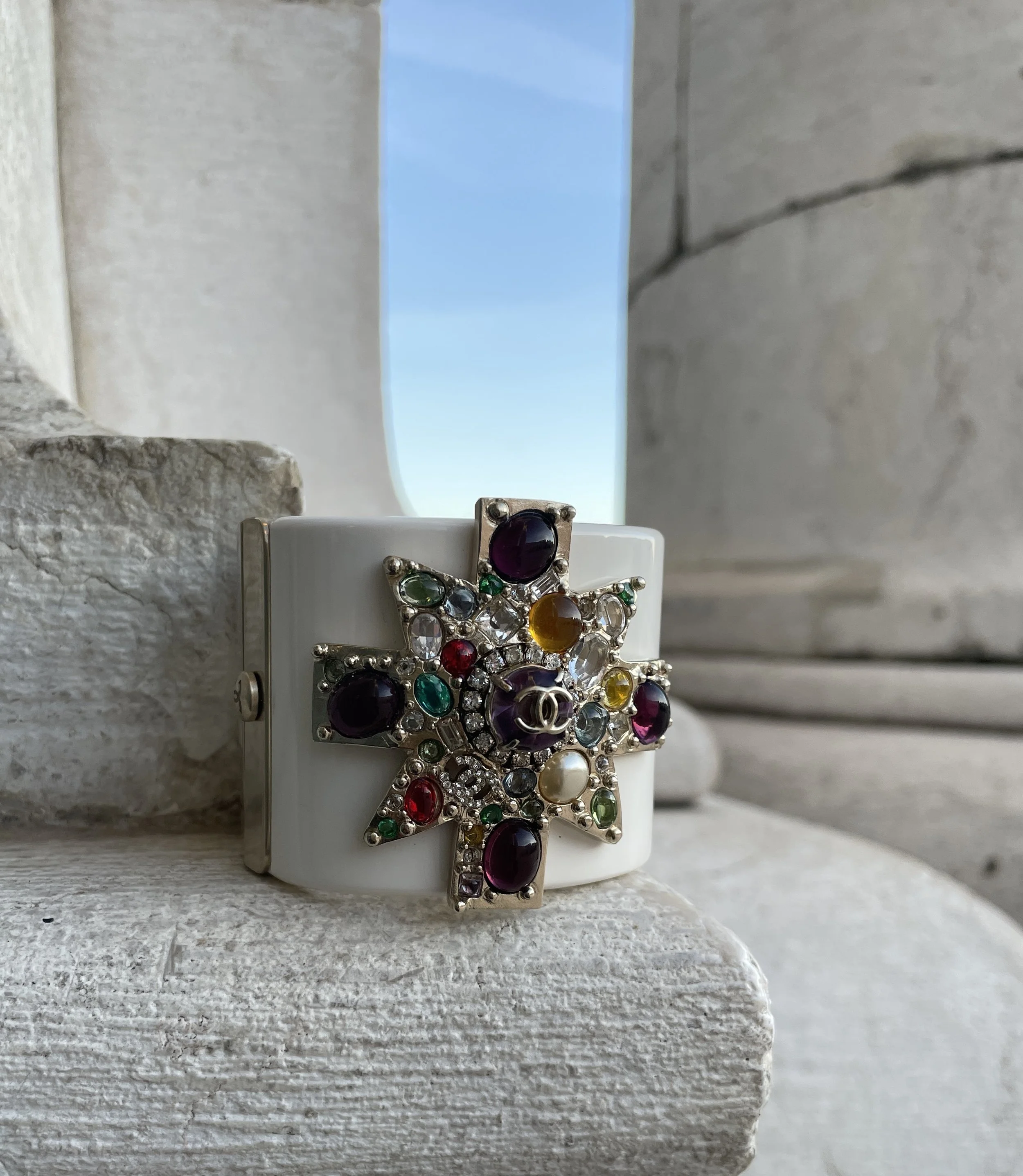 Chanel Maltese Cross Gripoix White Resin Cuff Bracelet