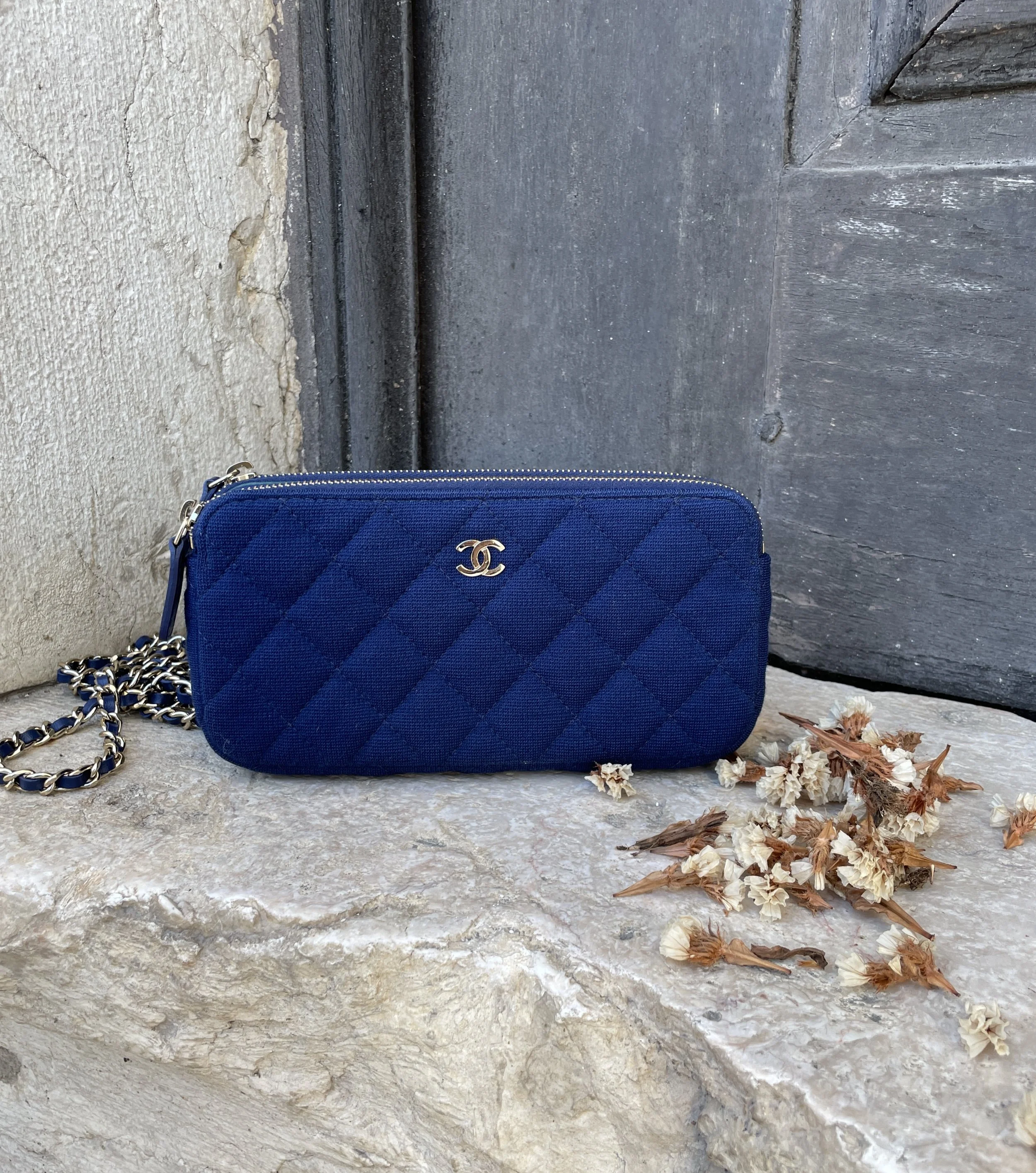 Chanel Double Zip Blue Quilted Jersey Wallet on Chain VIP Clutch
