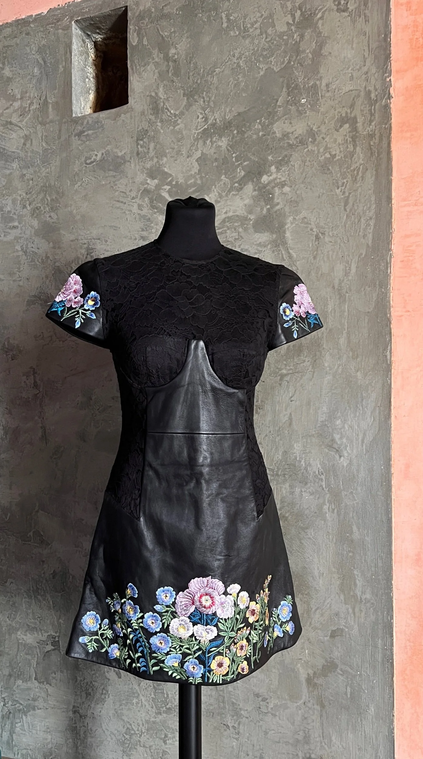 Christopher Kane Fall 2010 Leather & Lace Dress with Embroidered Floral Detail