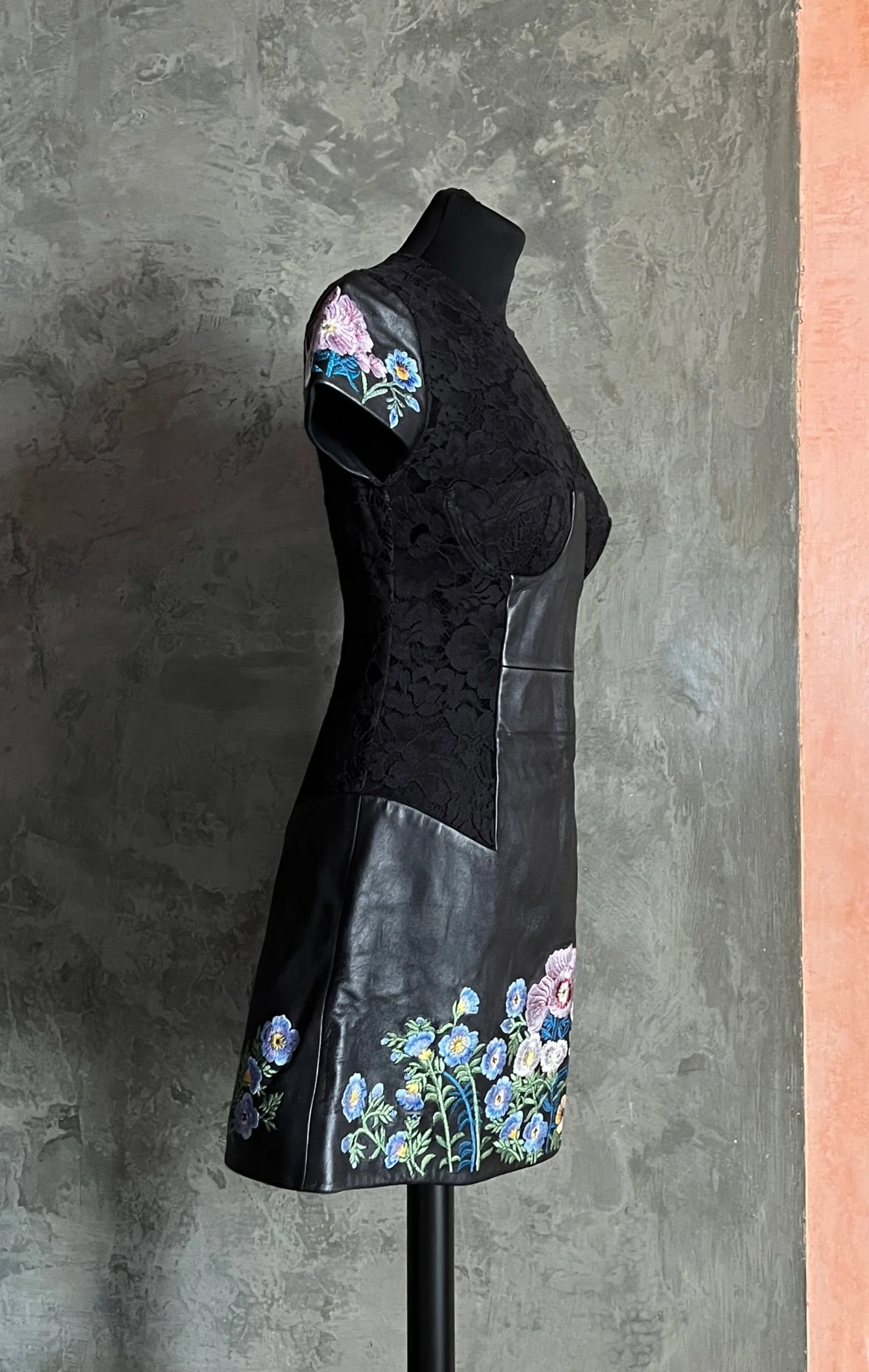 Christopher Kane Fall 2010 Leather & Lace Dress with Embroidered Floral Detail