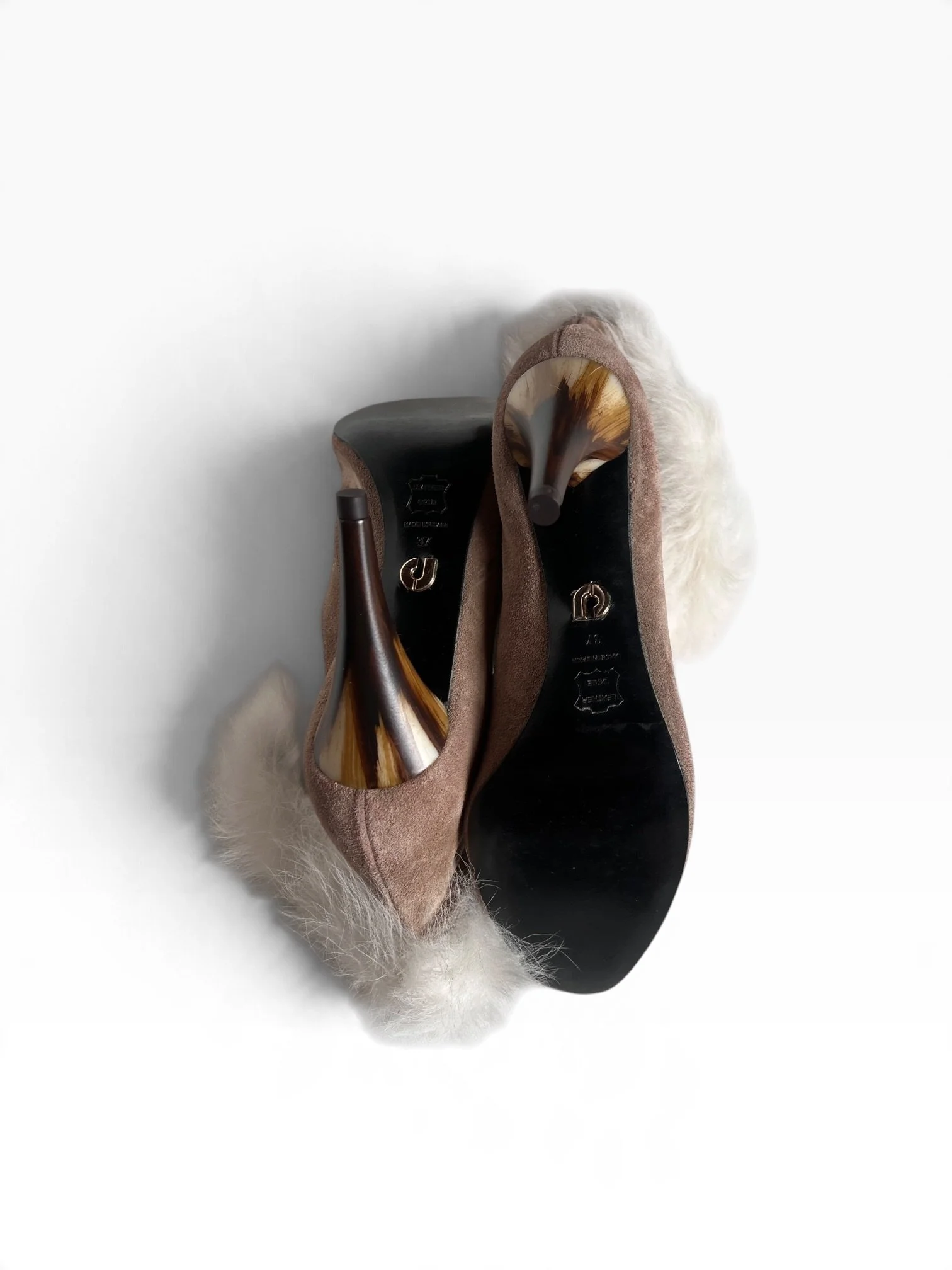 Charles Jourdan Beige Suede & White Fur Ankle Boots
