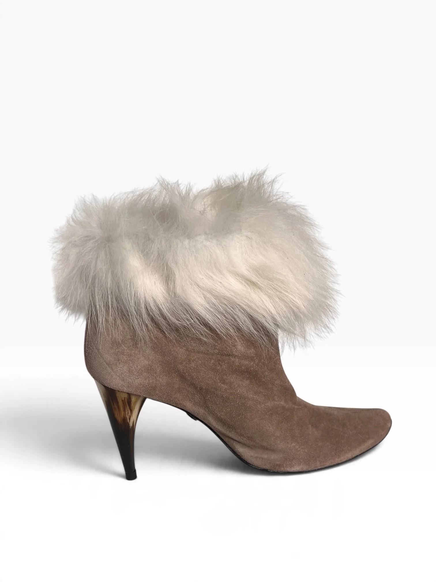 Charles Jourdan Beige Suede & White Fur Ankle Boots