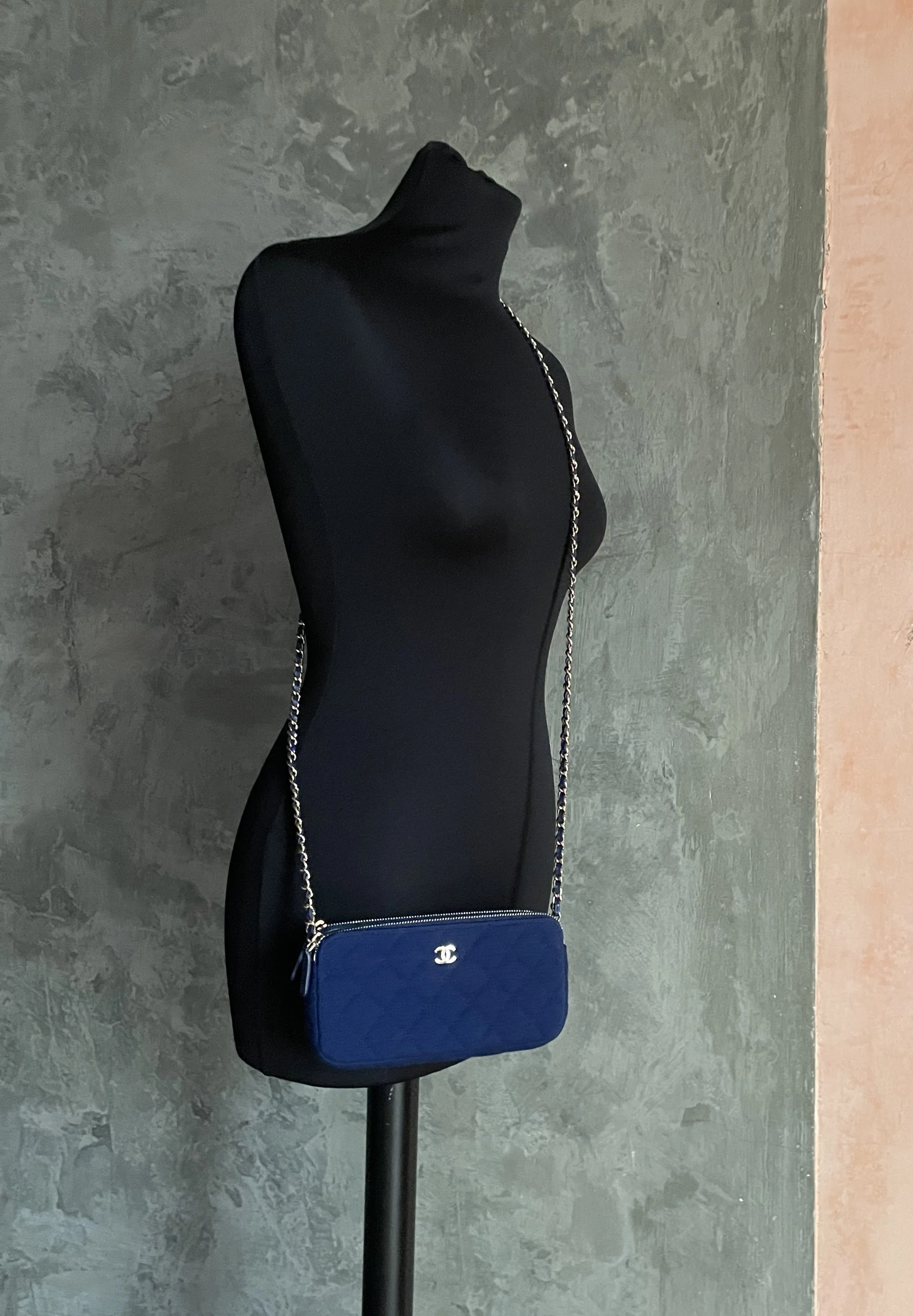 Chanel Double Zip Blue Quilted Jersey Wallet on Chain VIP Clutch