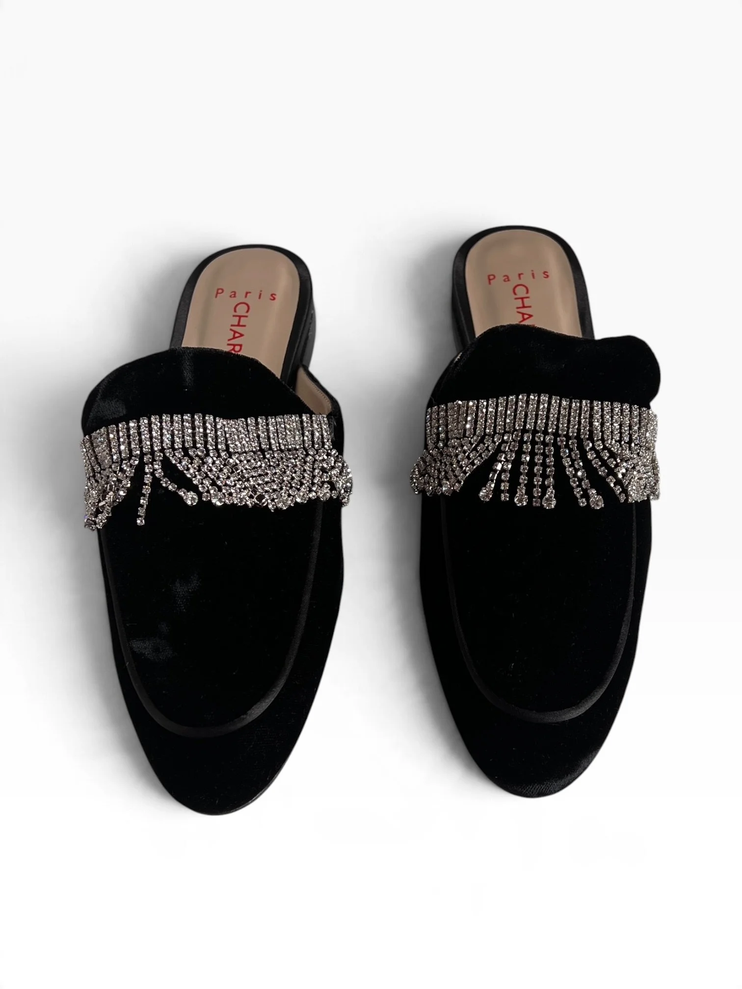 Charles Jourdan Black Velvet Mule Flats with Fringe Strass