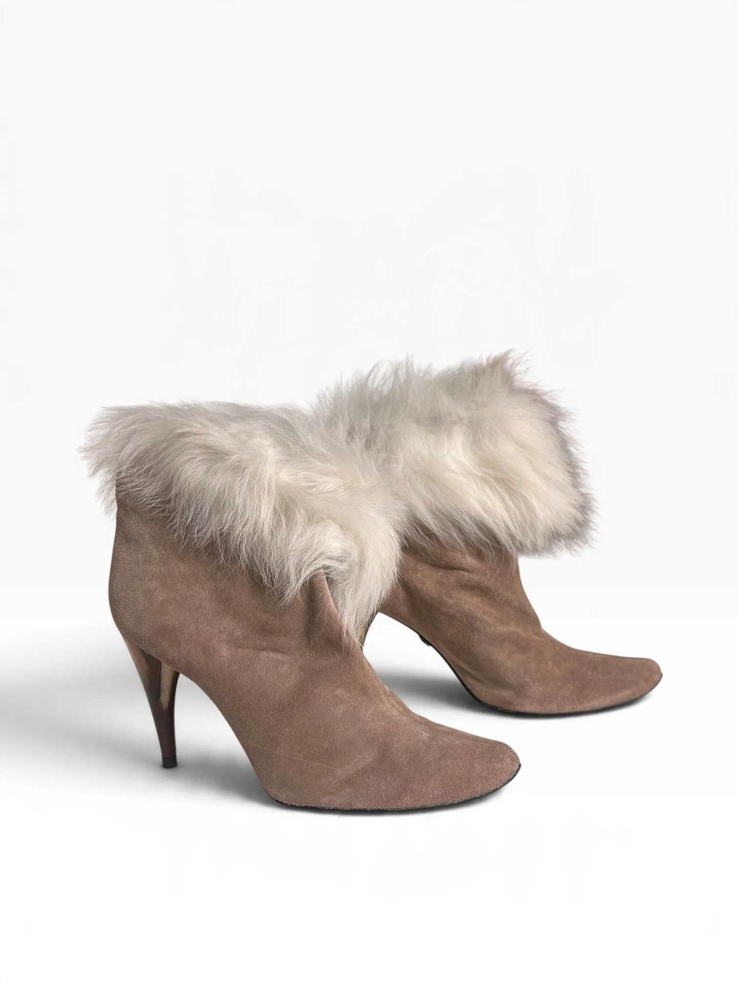 Charles Jourdan Beige Suede & White Fur Ankle Boots