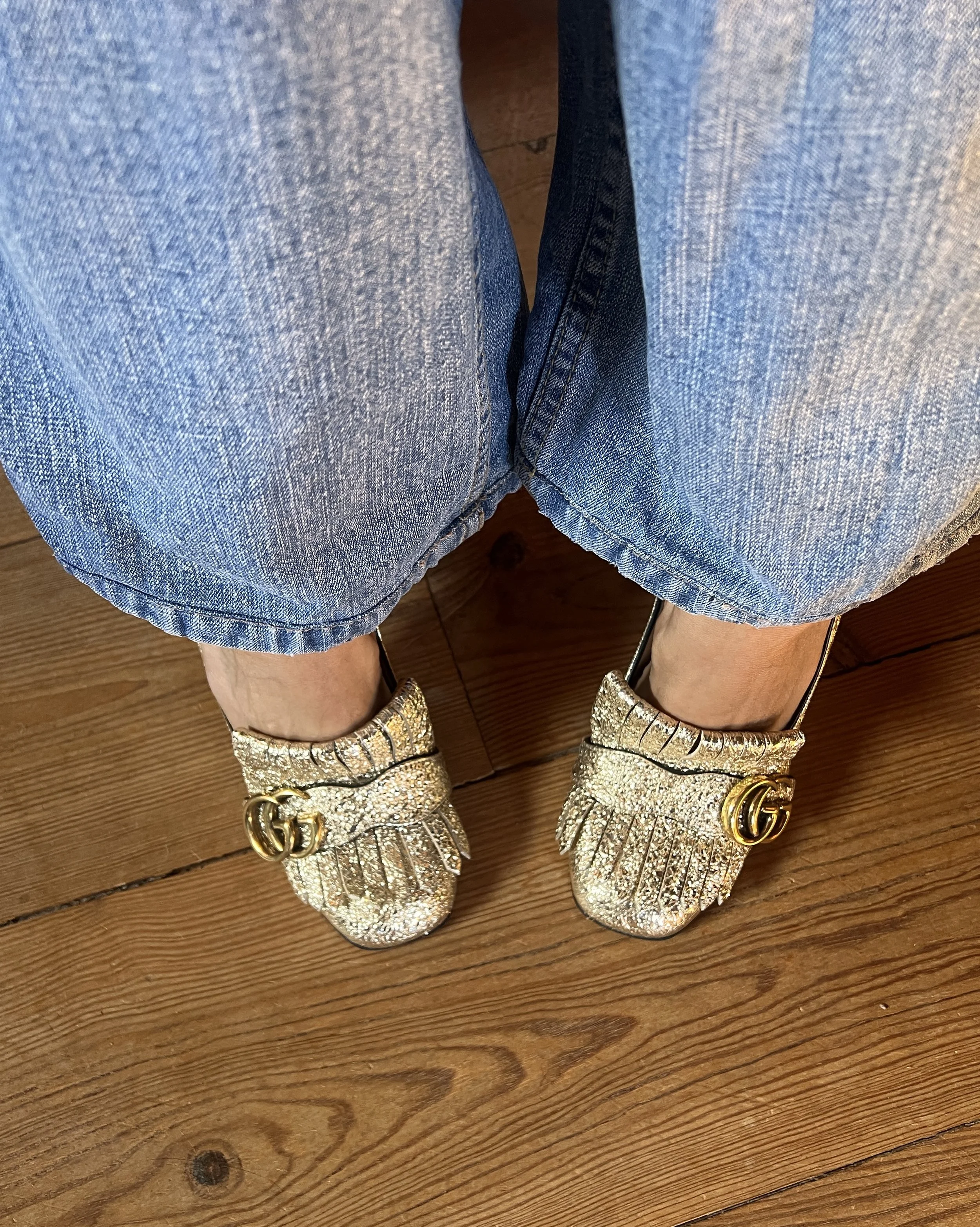 GG Marmont Fringed Metallic Loafer Pumps