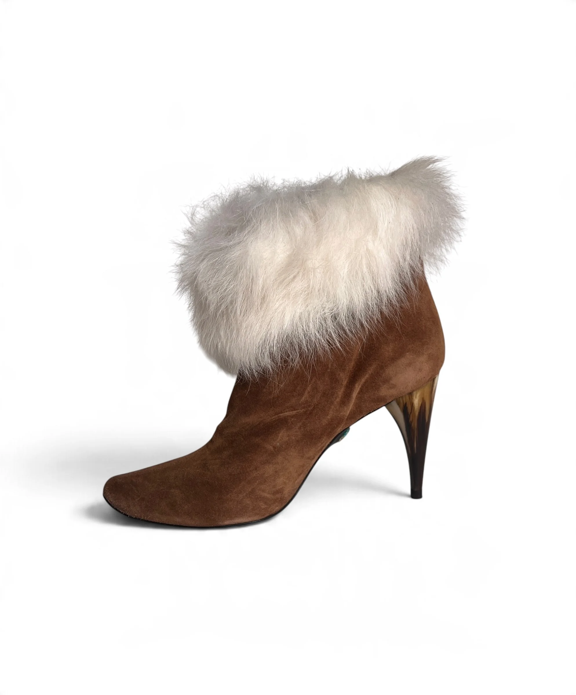Charles Jourdan Camel Suede & White Fur Ankle Boots