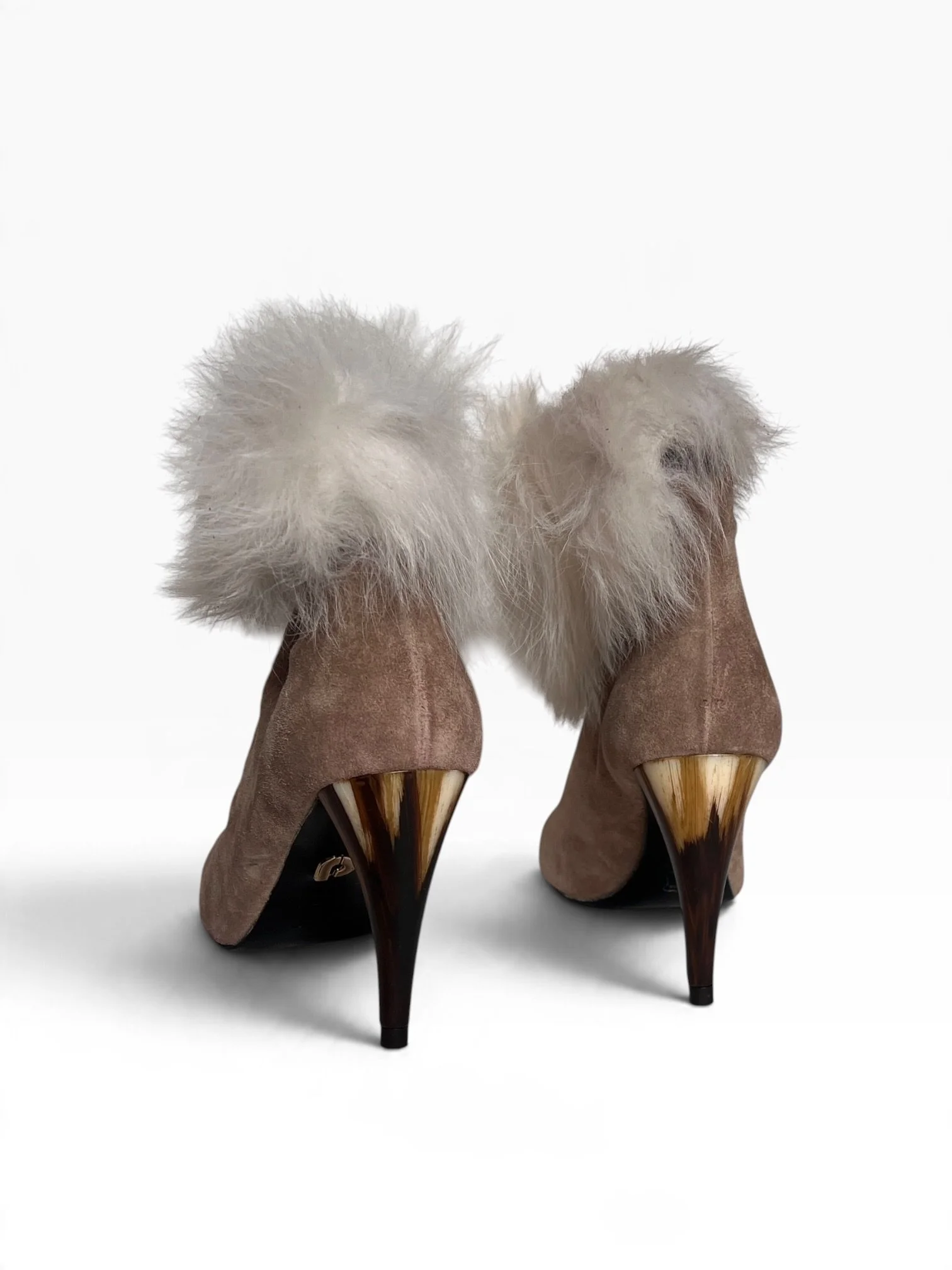 Charles Jourdan Beige Suede & White Fur Ankle Boots