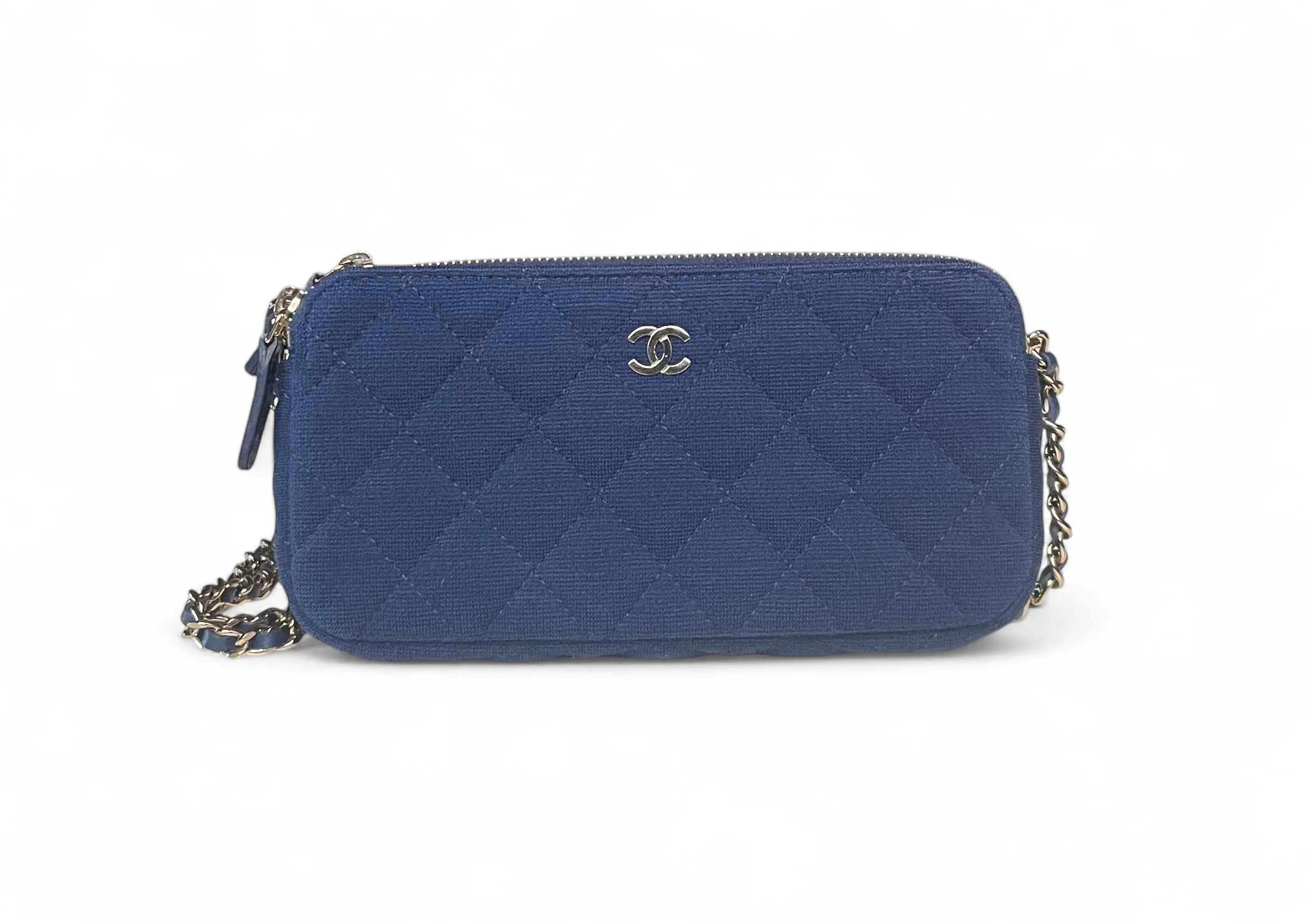 Chanel Double Zip Blue Quilted Jersey Wallet on Chain VIP Clutch