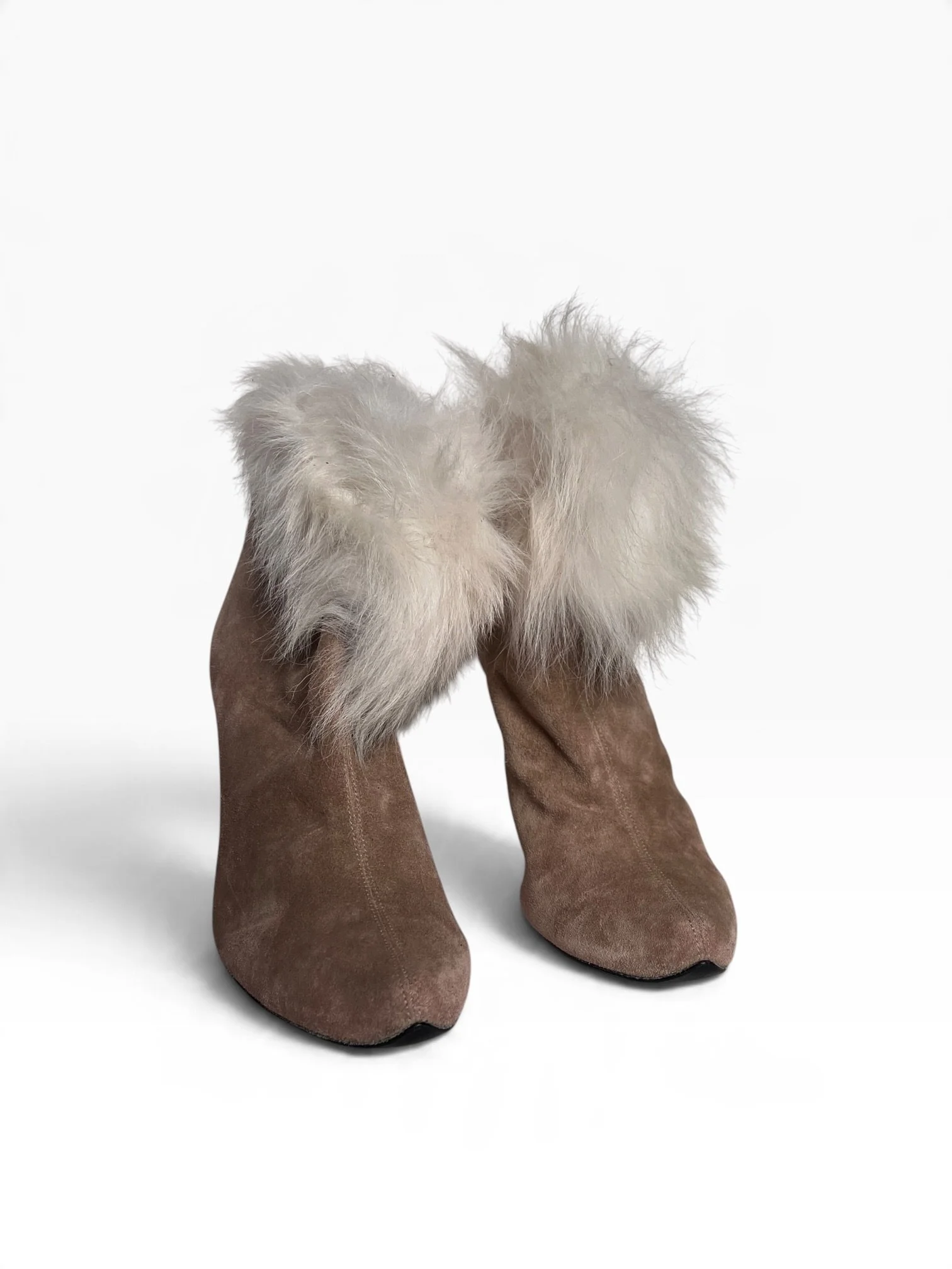Charles Jourdan Beige Suede & White Fur Ankle Boots