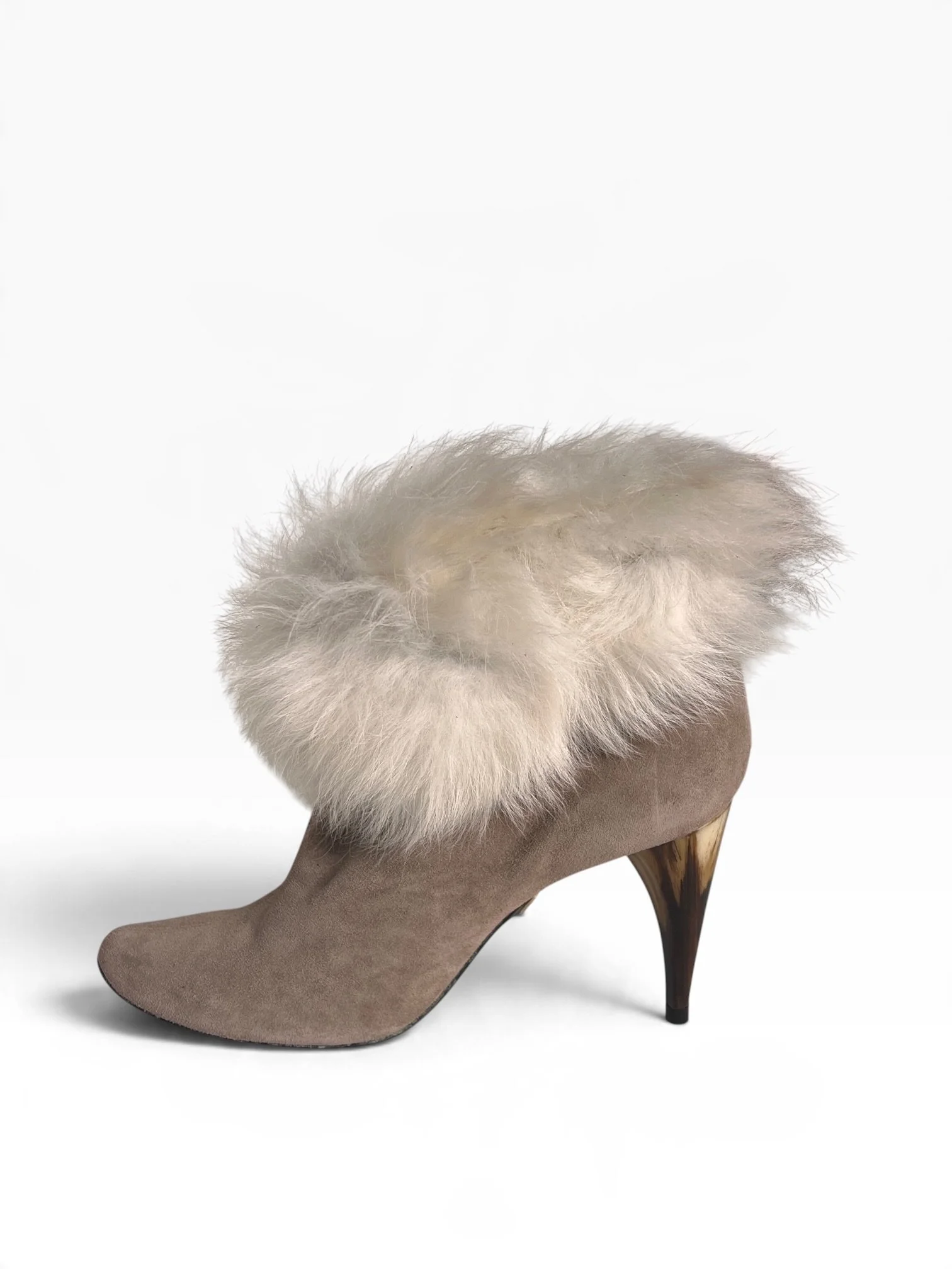 Charles Jourdan Beige Suede & White Fur Ankle Boots