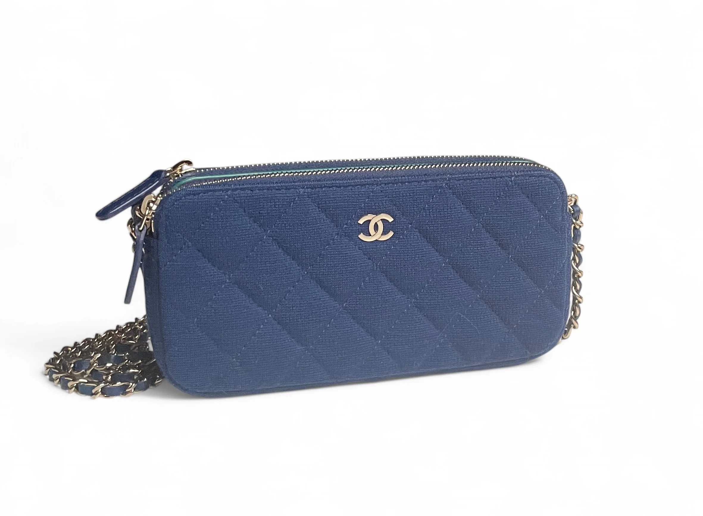 Chanel Double Zip Blue Quilted Jersey Wallet on Chain VIP Clutch