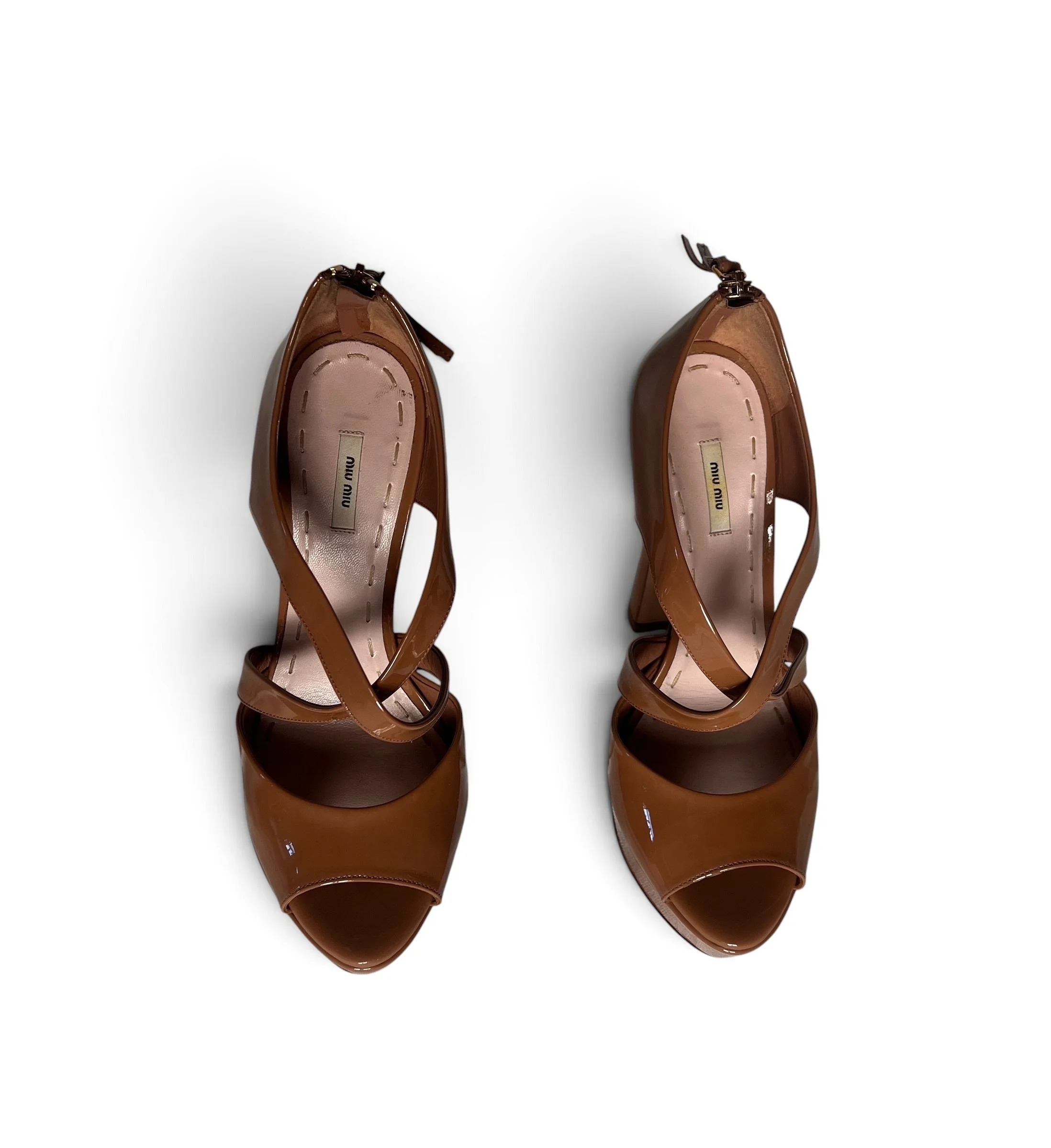 Miu Miu Camel Patent Leather Open Toe Pumps