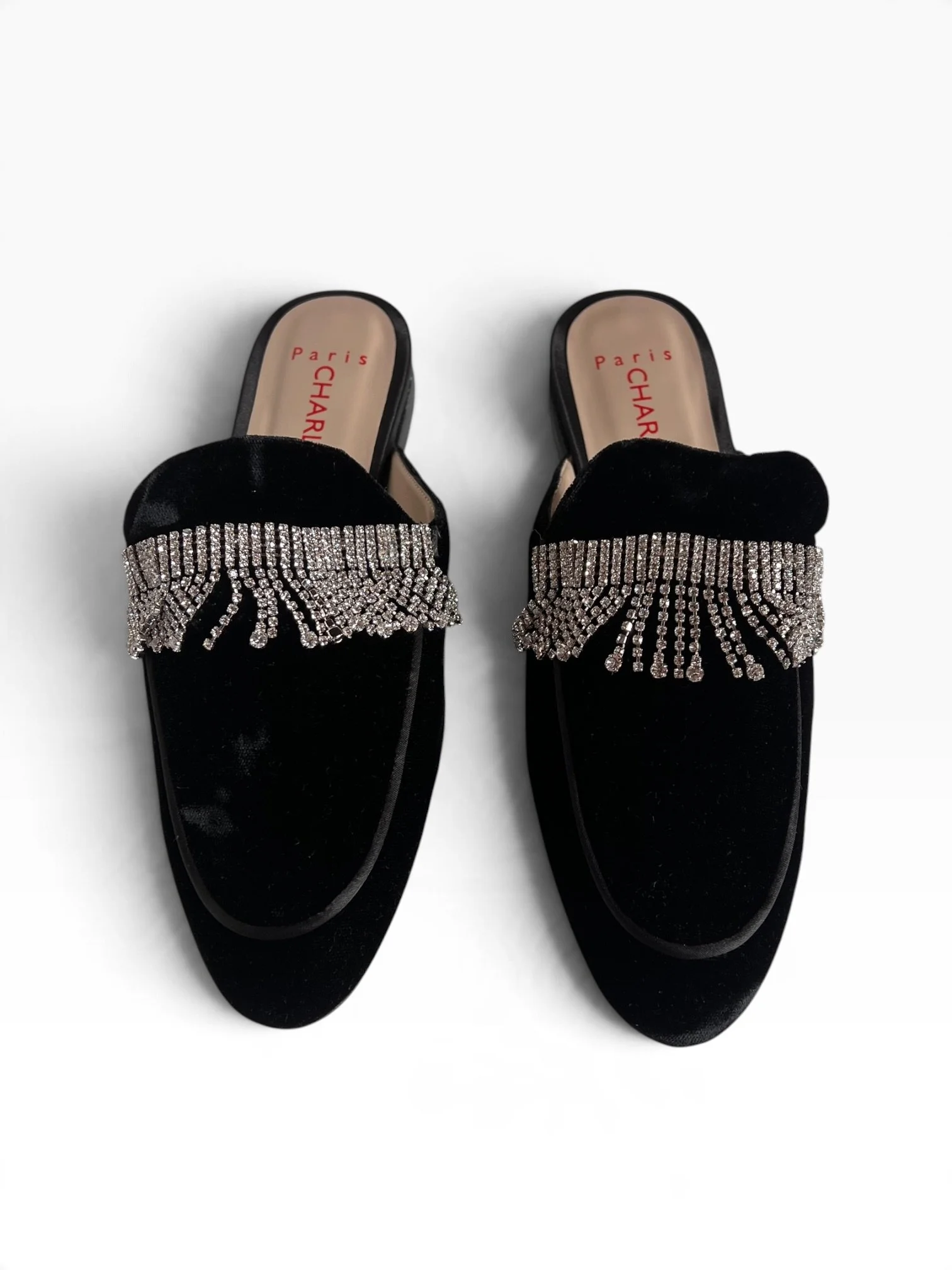 Charles Jourdan Black Velvet Mule Flats with Fringe Strass