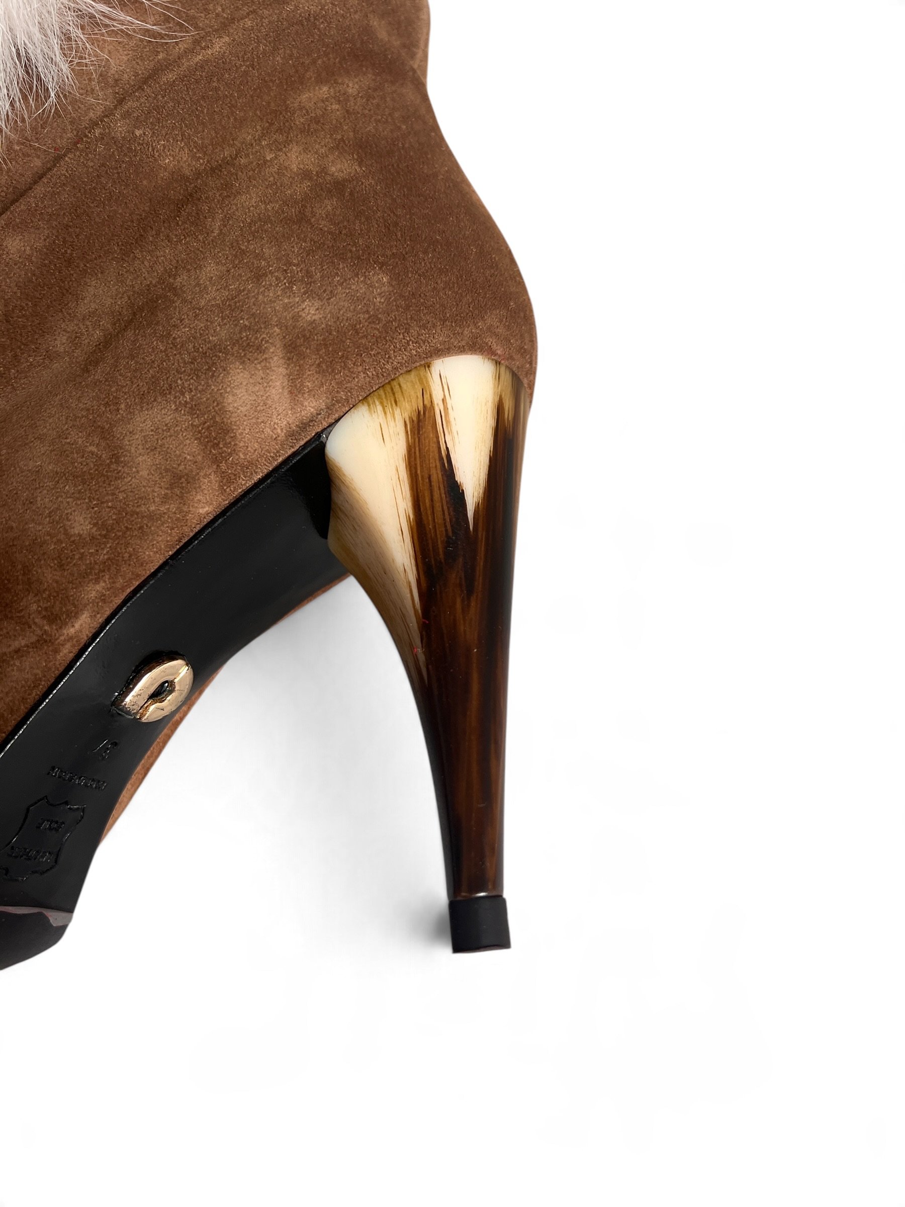 Charles Jourdan Camel Suede & White Fur Ankle Boots