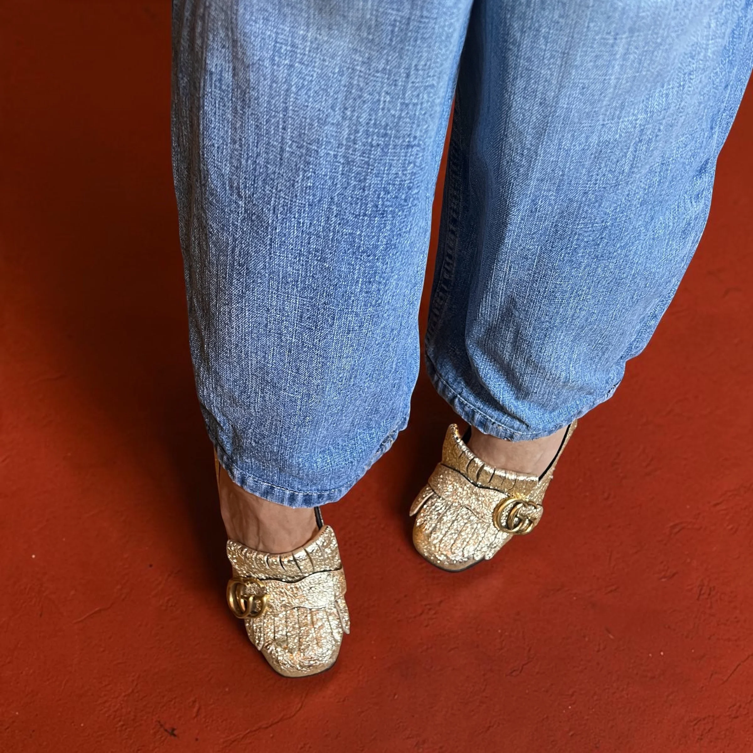 GG Marmont Fringed Metallic Loafer Pumps