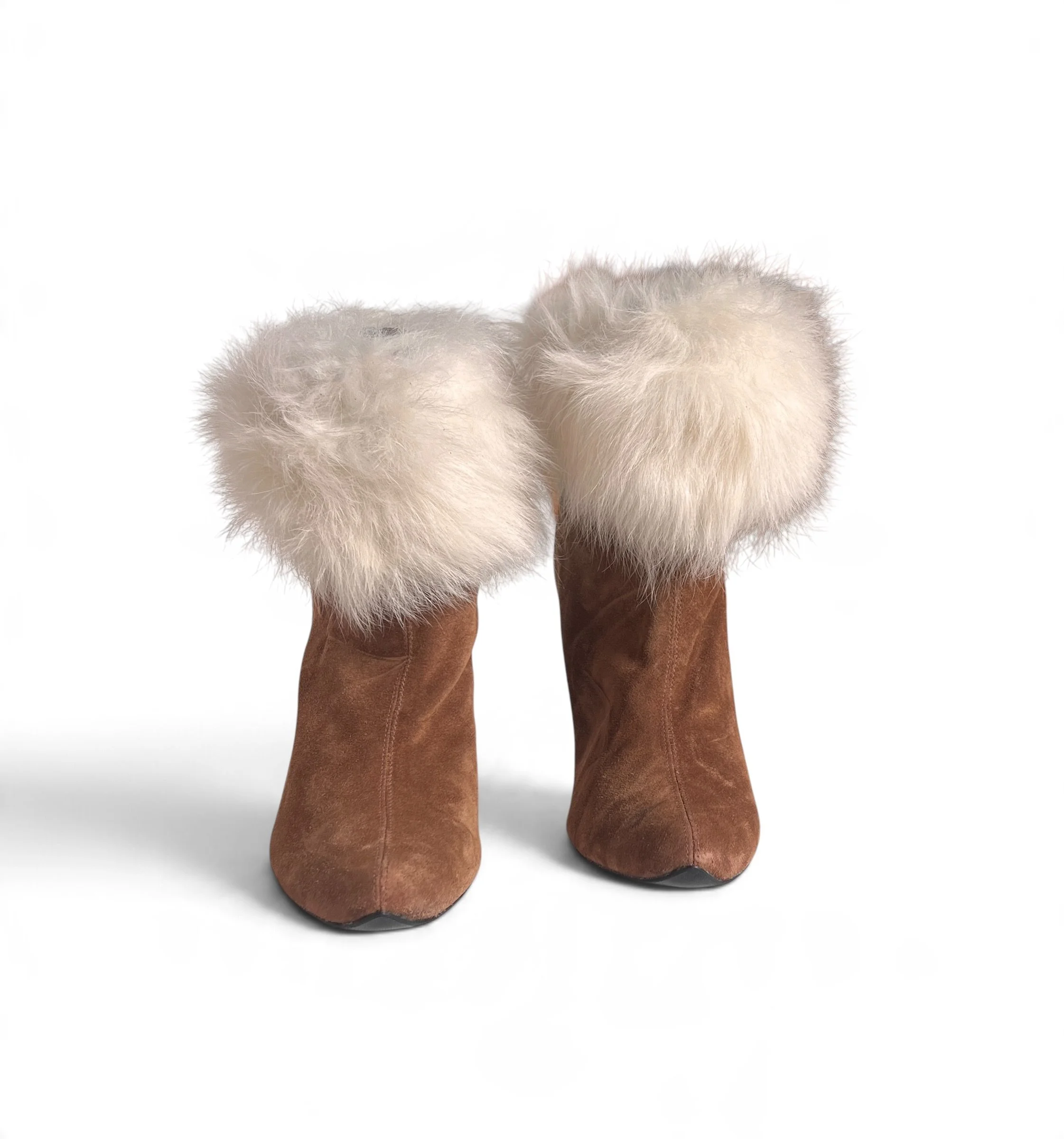 Charles Jourdan Camel Suede & White Fur Ankle Boots