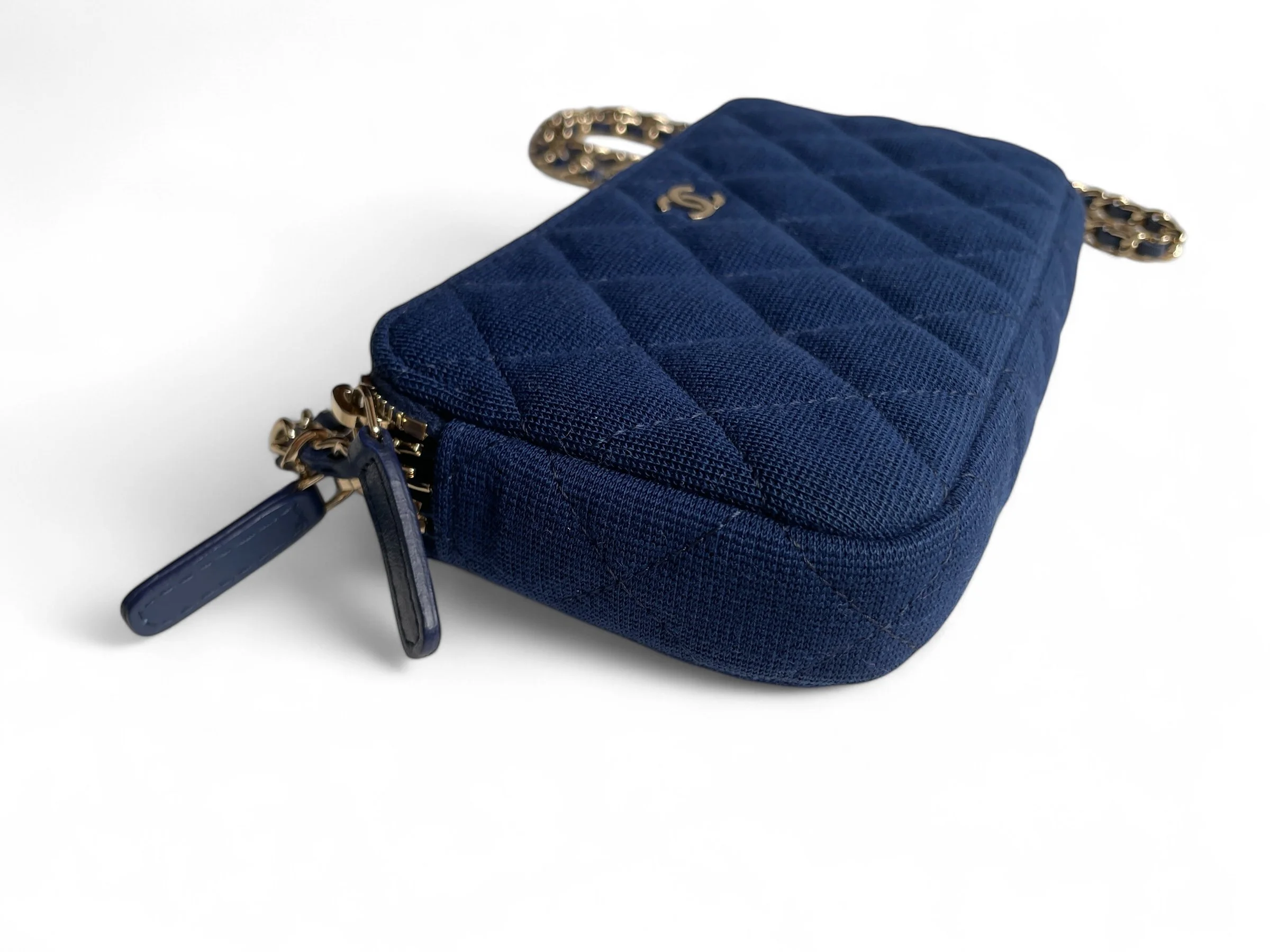 Chanel Double Zip Blue Quilted Jersey Wallet on Chain VIP Clutch