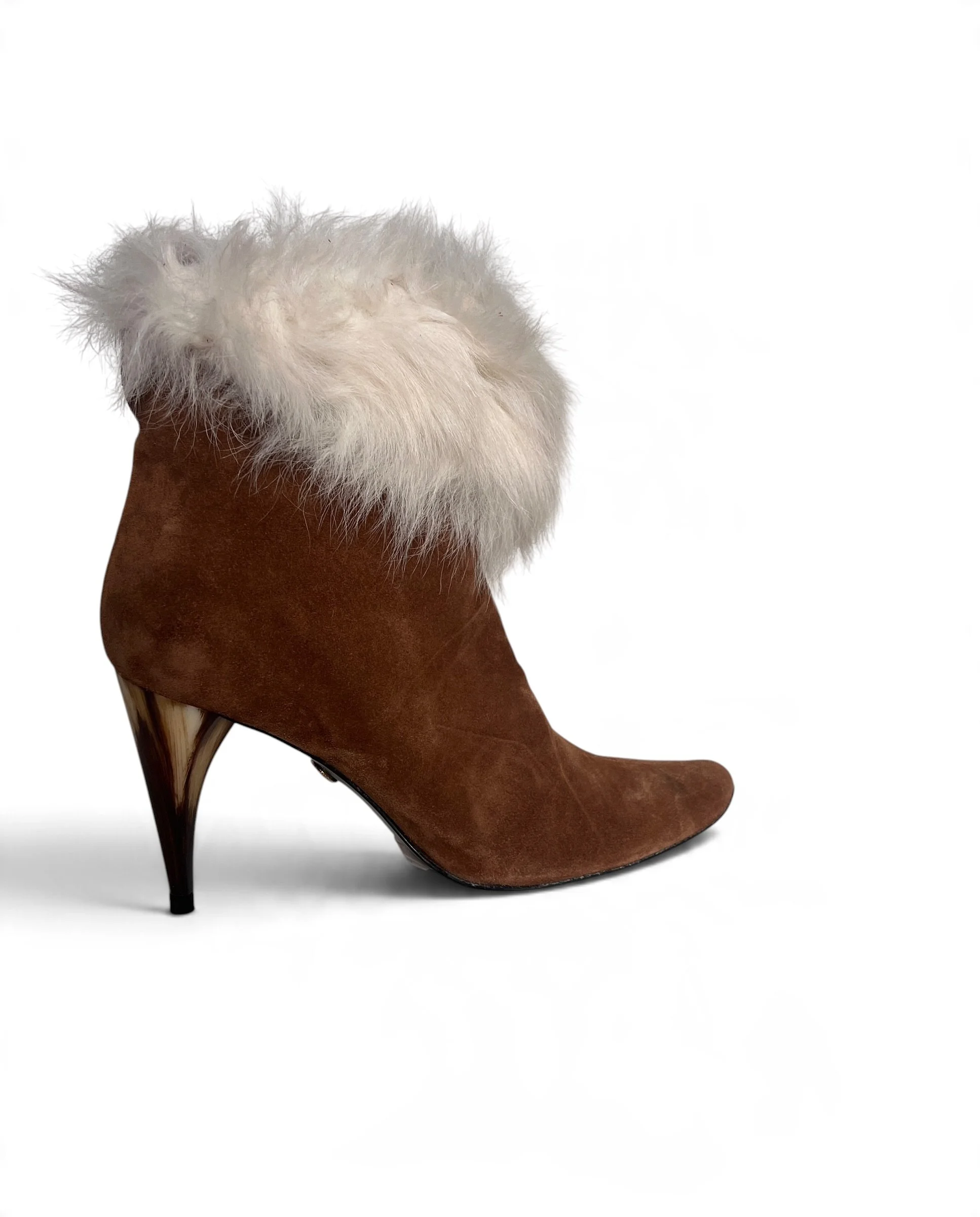 Charles Jourdan Camel Suede & White Fur Ankle Boots