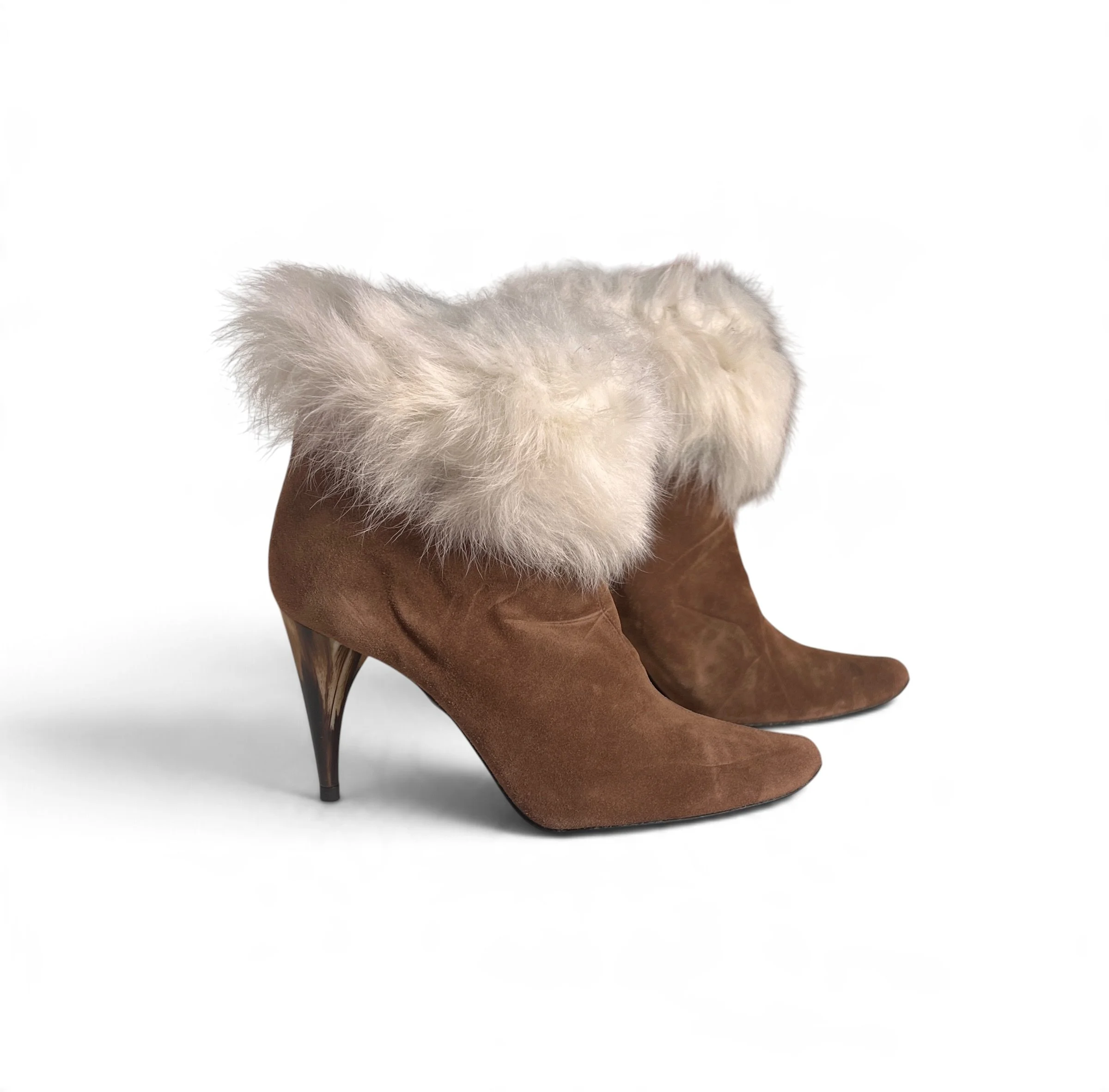 Charles Jourdan Camel Suede & White Fur Ankle Boots