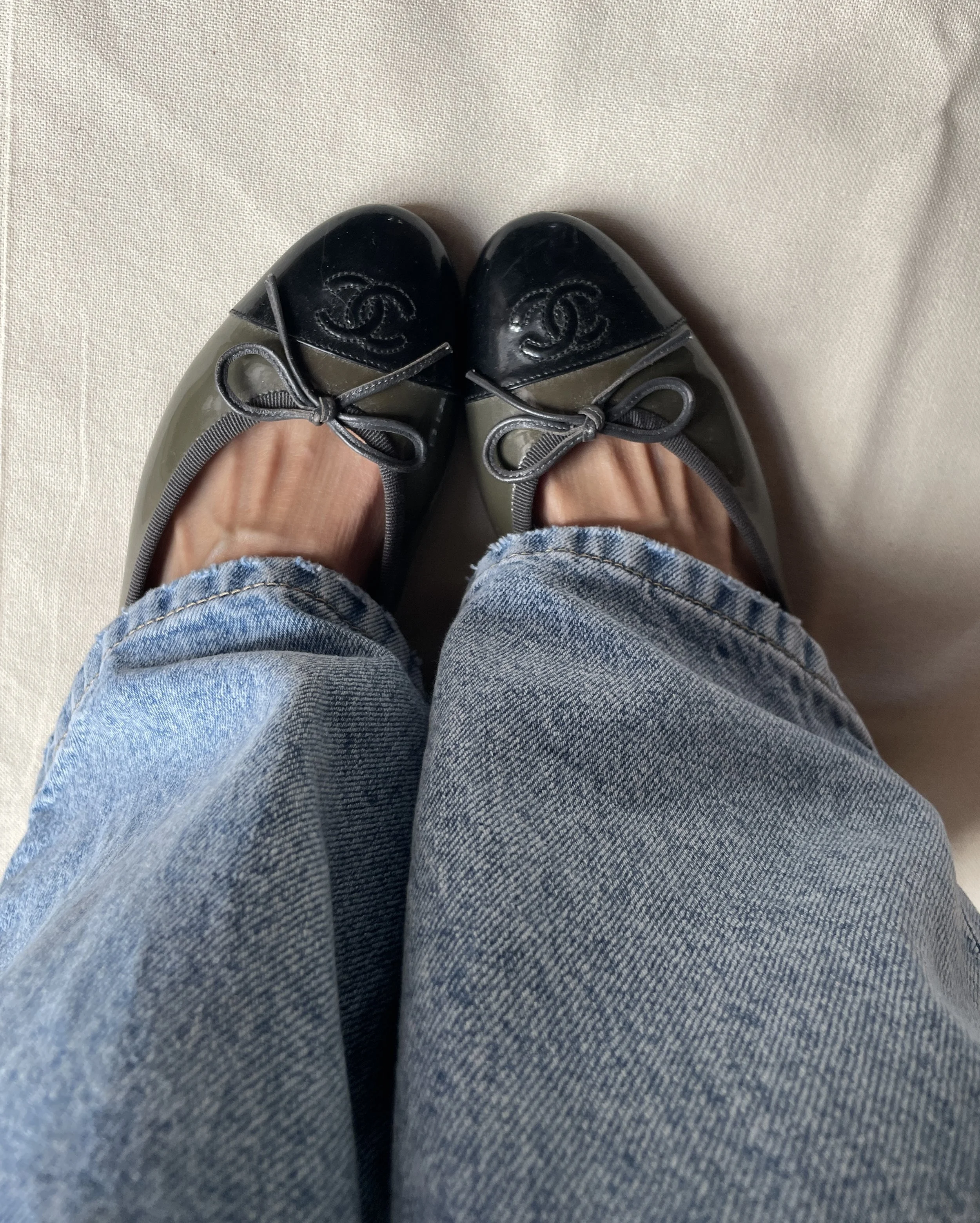 Chanel Patent Leather Kaki Flats with Black Toe