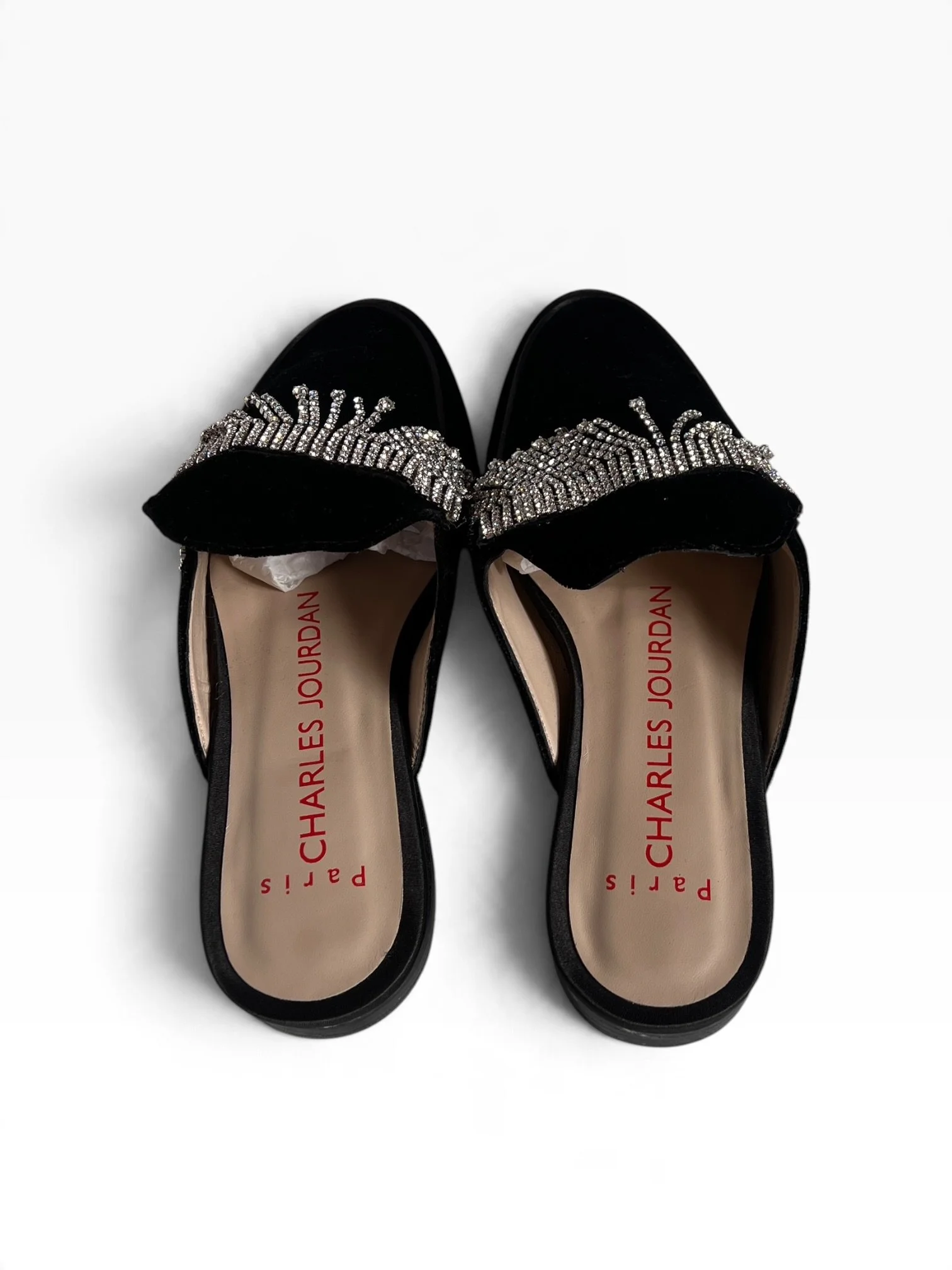 Charles Jourdan Black Velvet Mule Flats with Fringe Strass