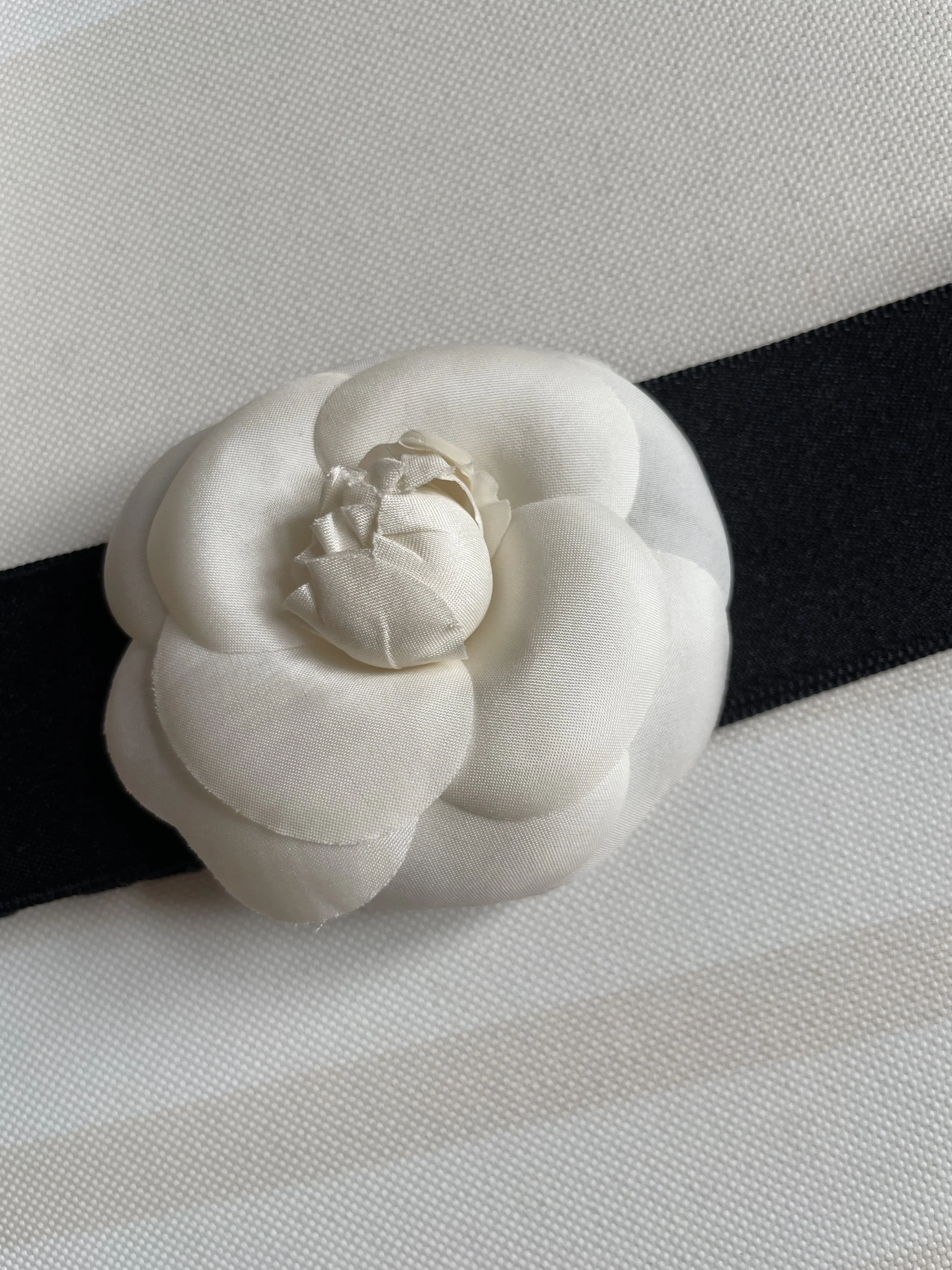 Chanel Black Satin White Camellia Headband — Mia Luxury Vintage