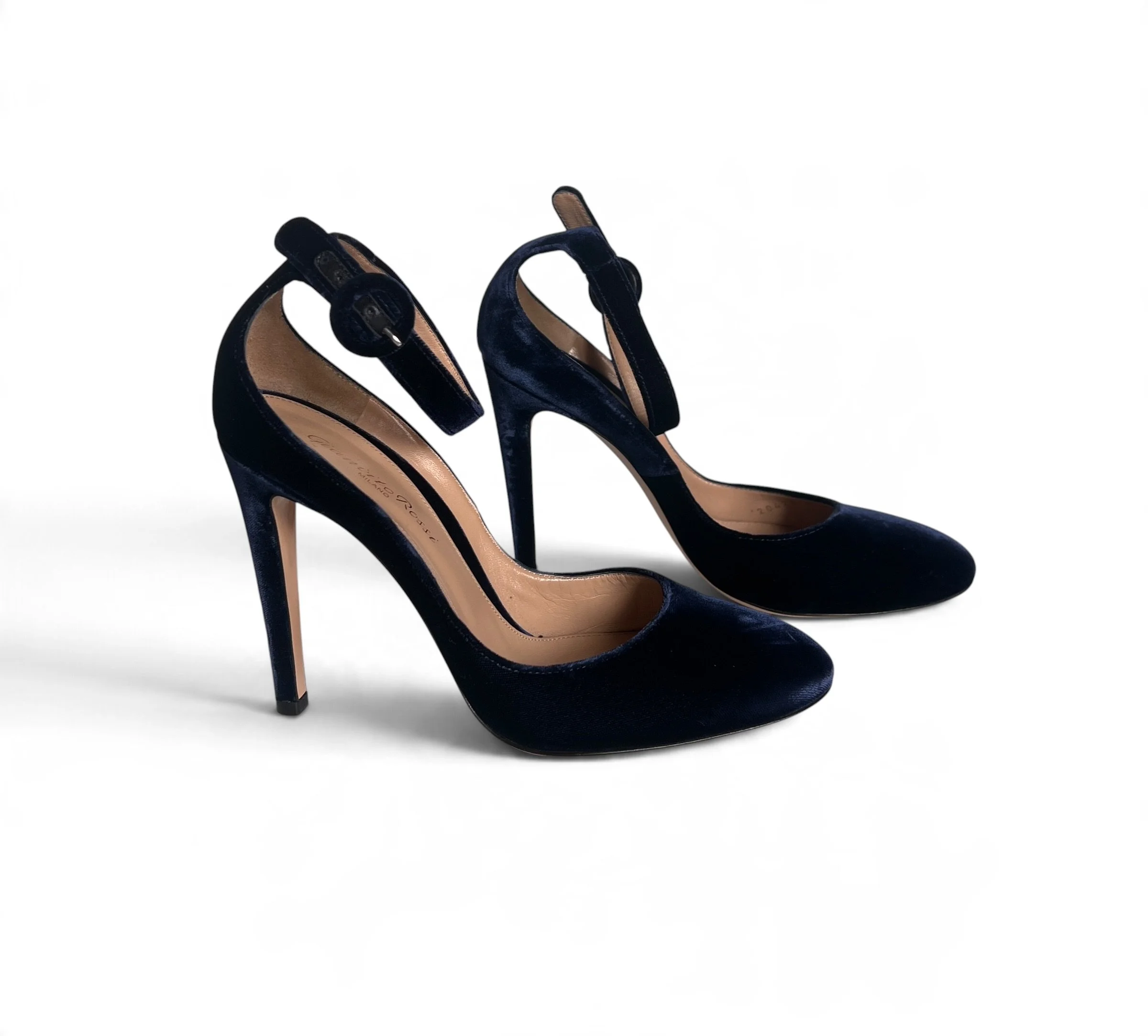 Gianvito Rossi Navy Velvet Ankle Strap Pumps