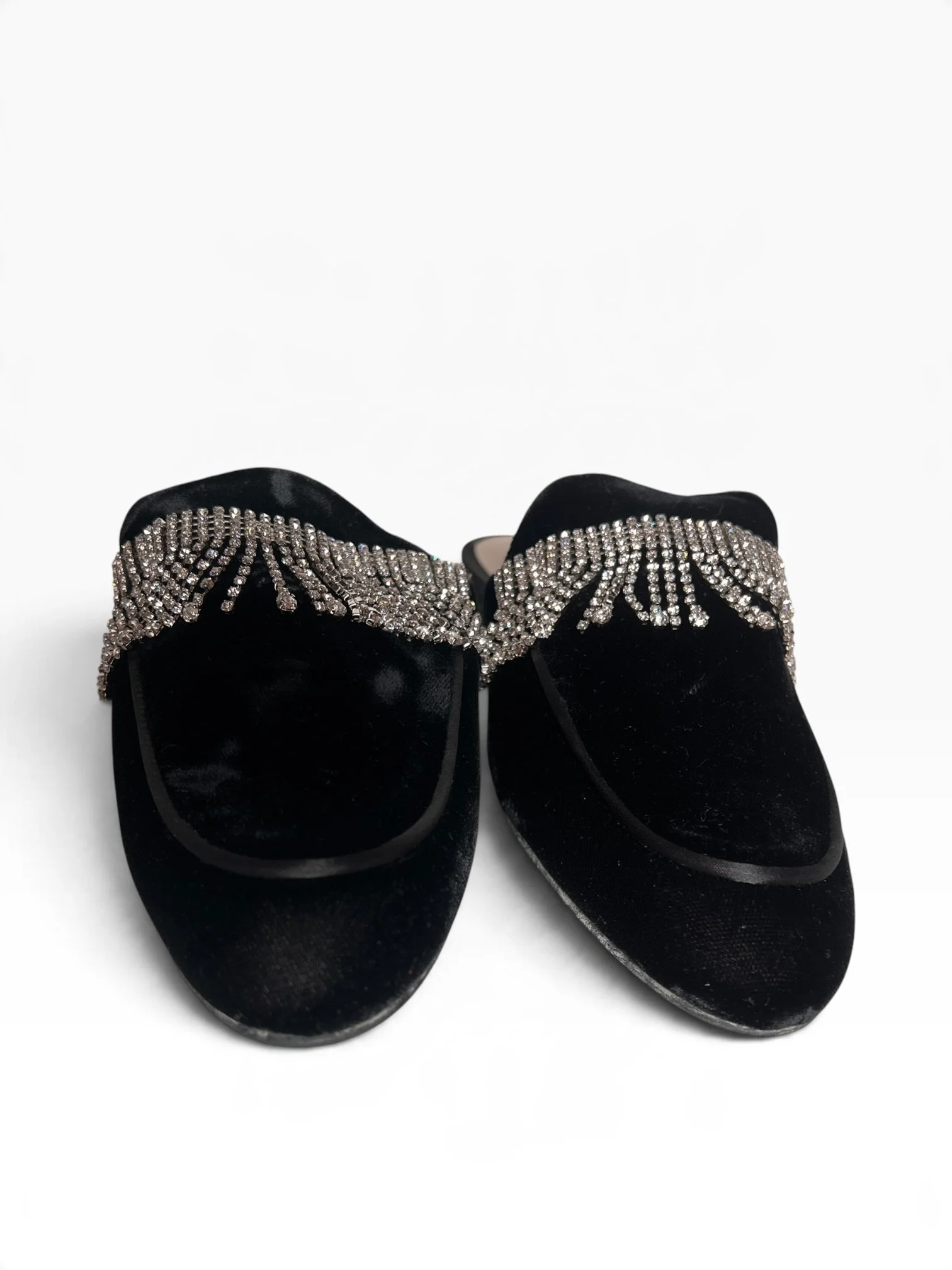 Charles Jourdan Black Velvet Mule Flats with Fringe Strass