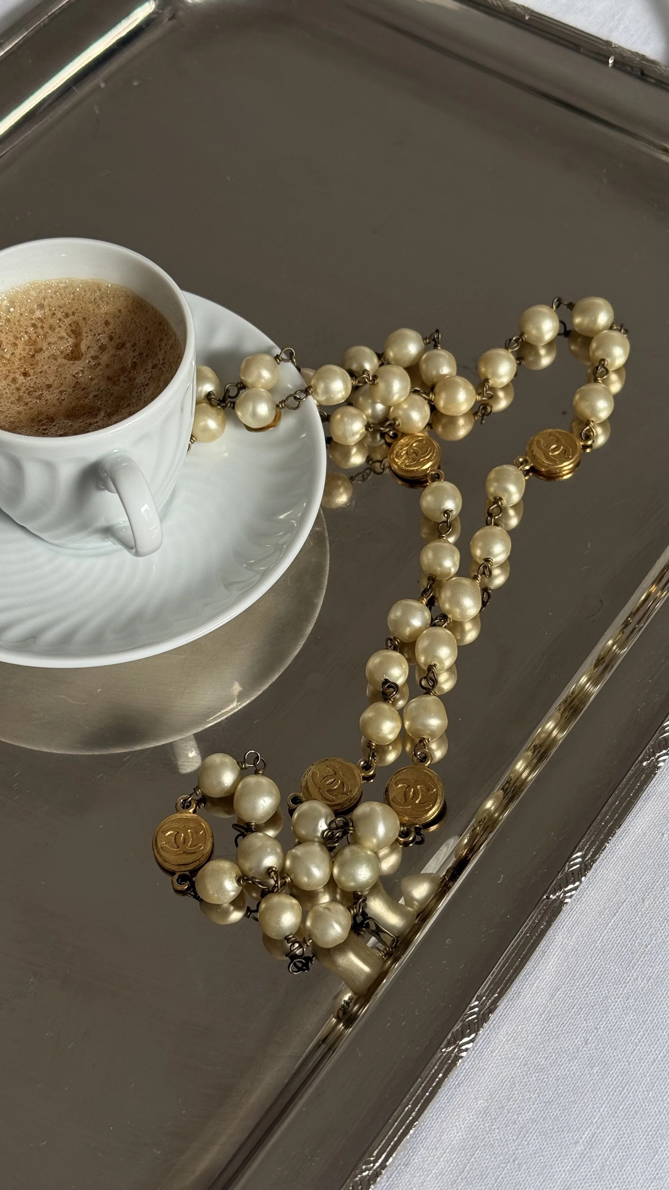 Chanel Vintage Sautoir with Faux Pearls and CC medals