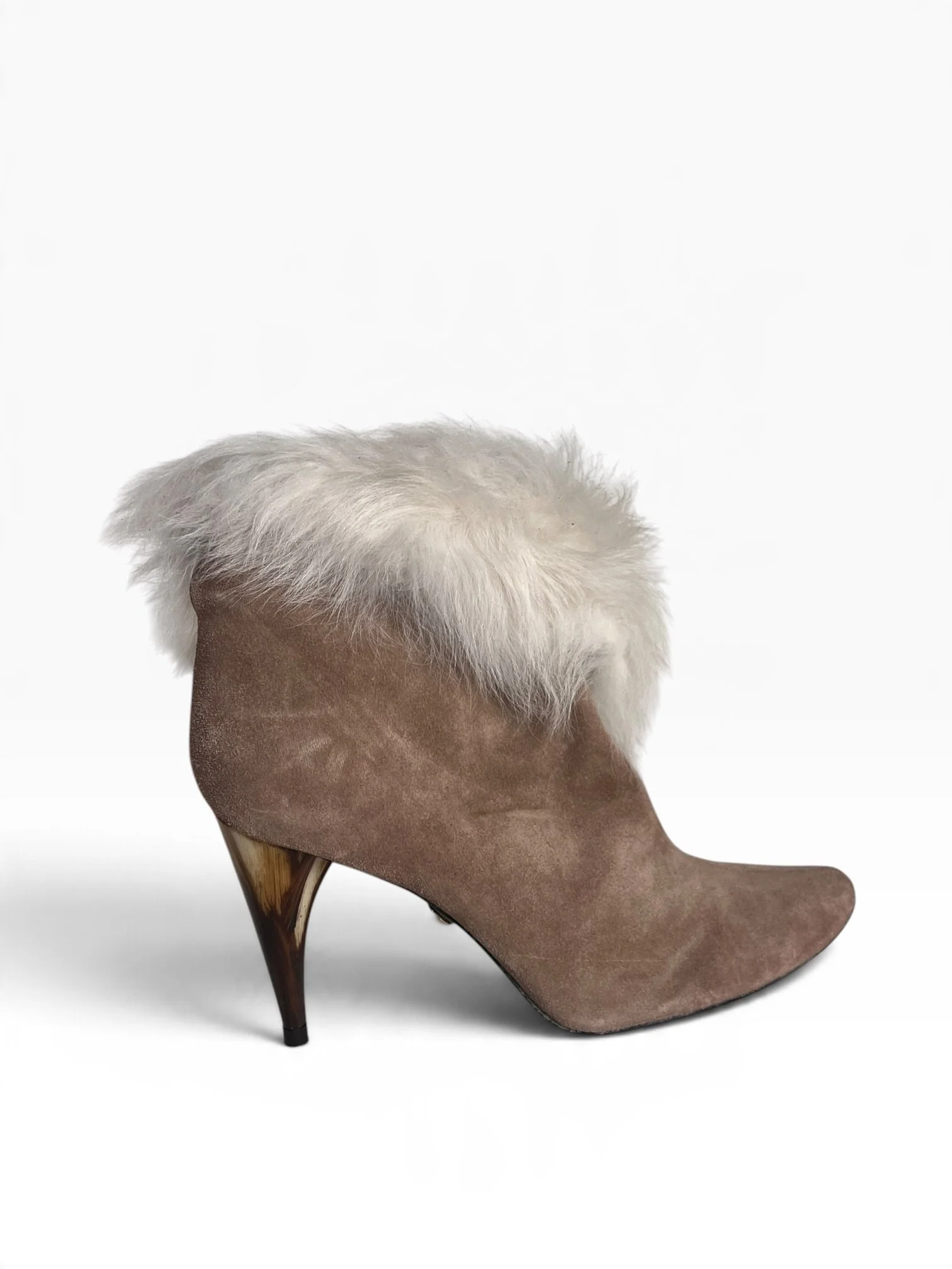 Charles Jourdan Beige Suede & White Fur Ankle Boots