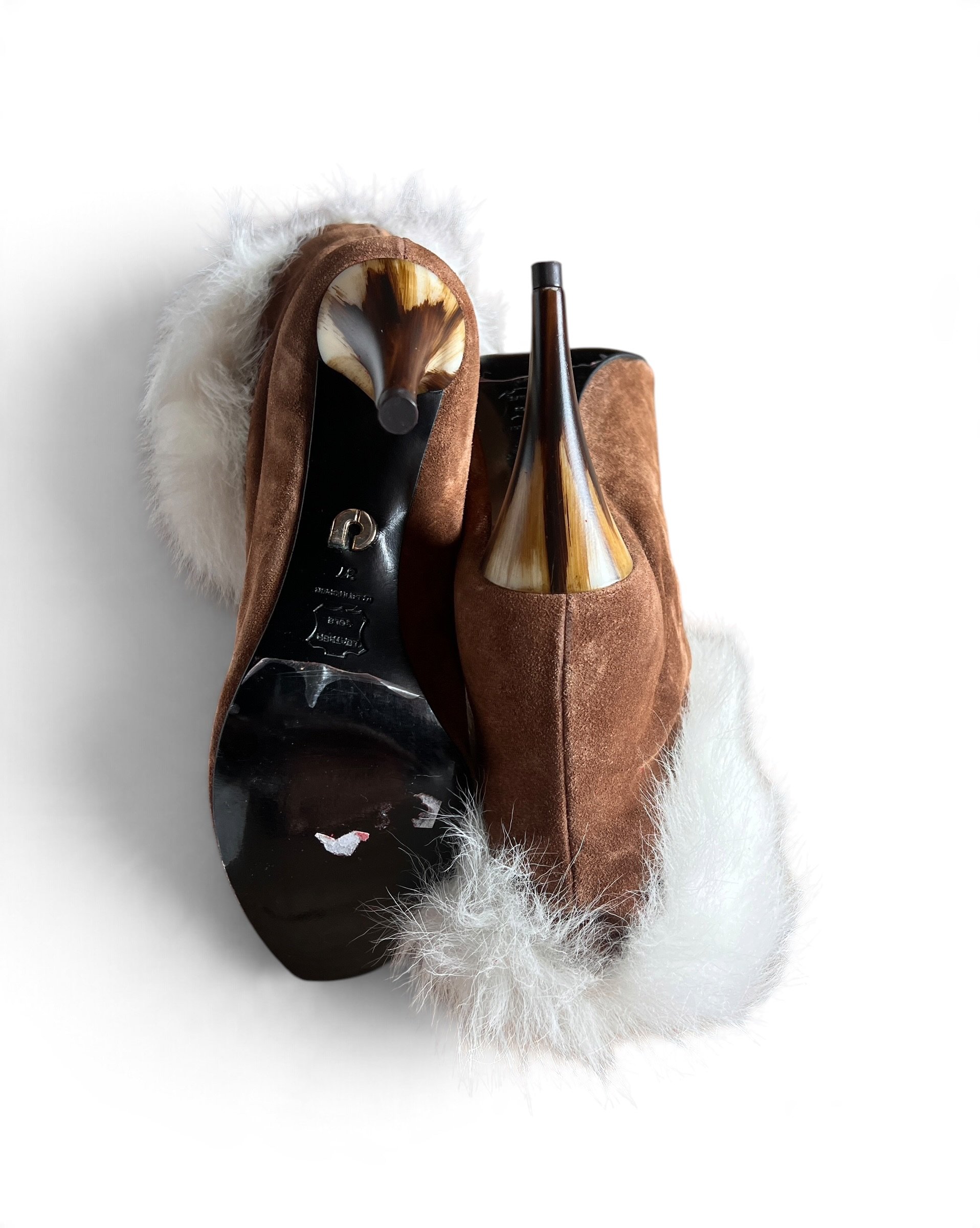 Charles Jourdan Camel Suede & White Fur Ankle Boots