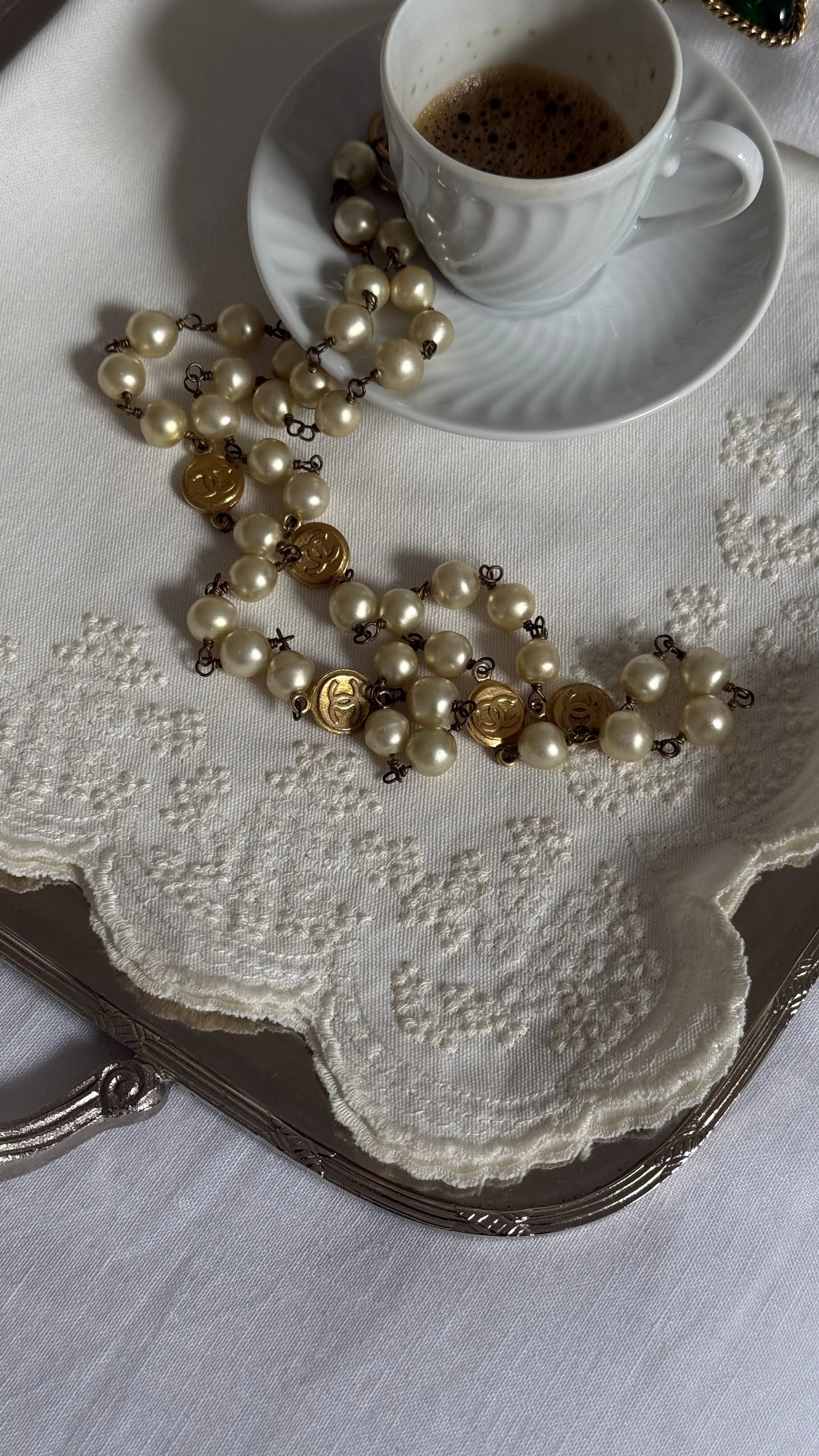 Chanel Vintage Sautoir with Faux Pearls and CC medals