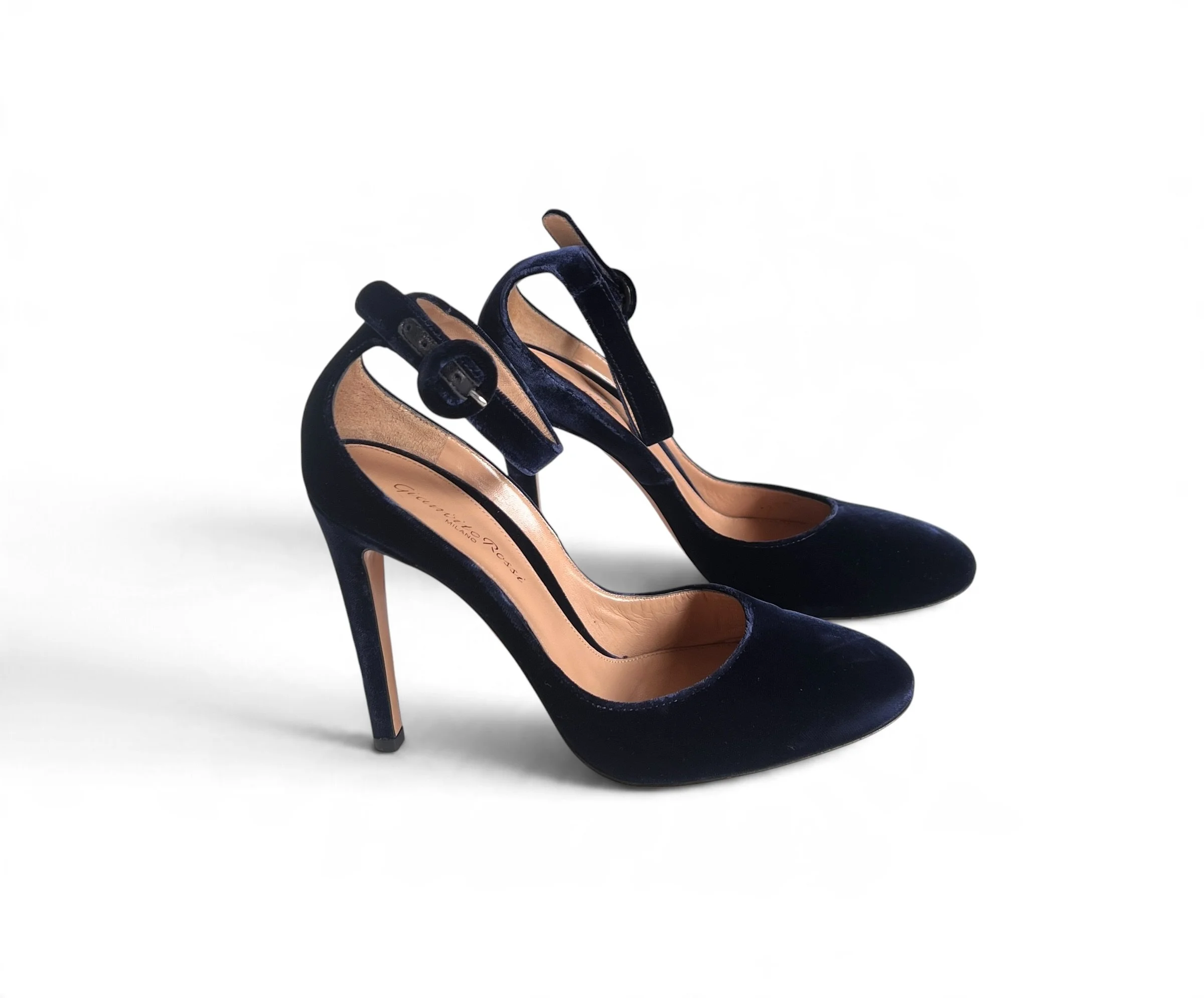Gianvito Rossi Navy Velvet Ankle Strap Pumps