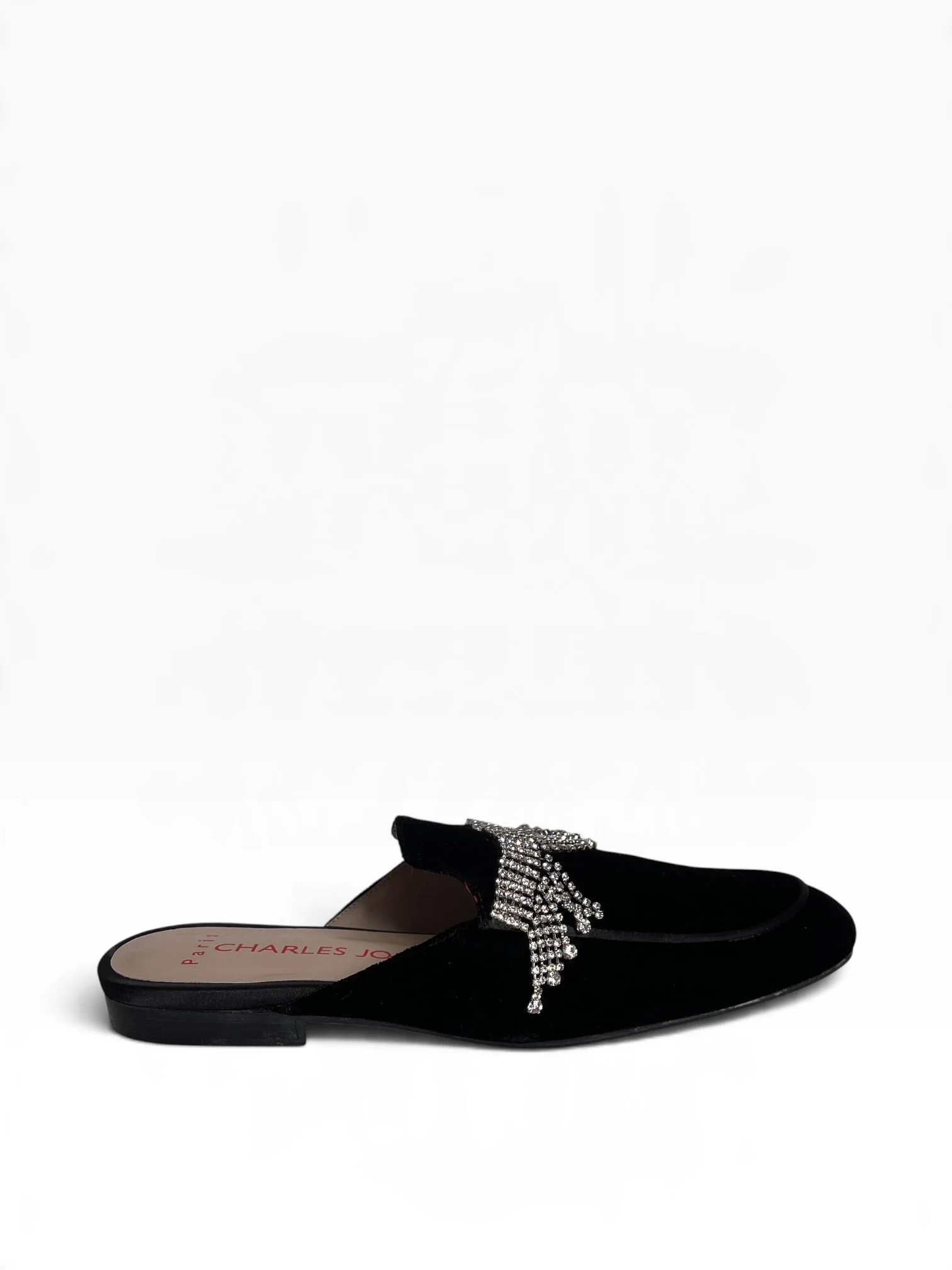 Charles Jourdan Black Velvet Mule Flats with Fringe Strass