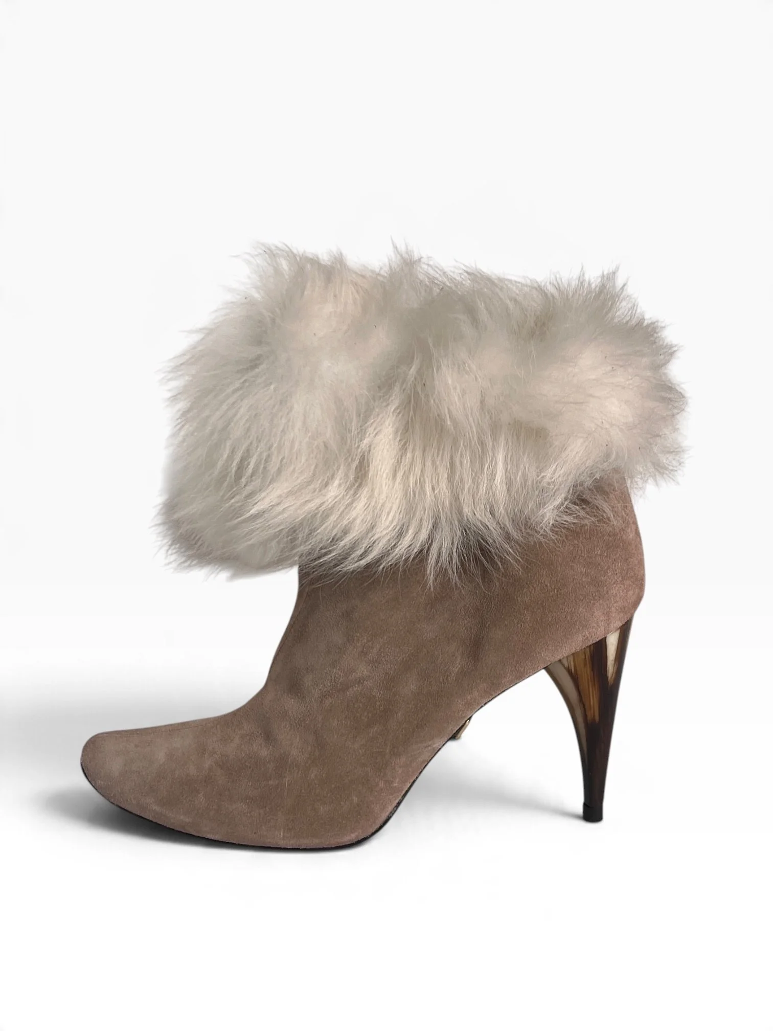 Charles Jourdan Beige Suede & White Fur Ankle Boots